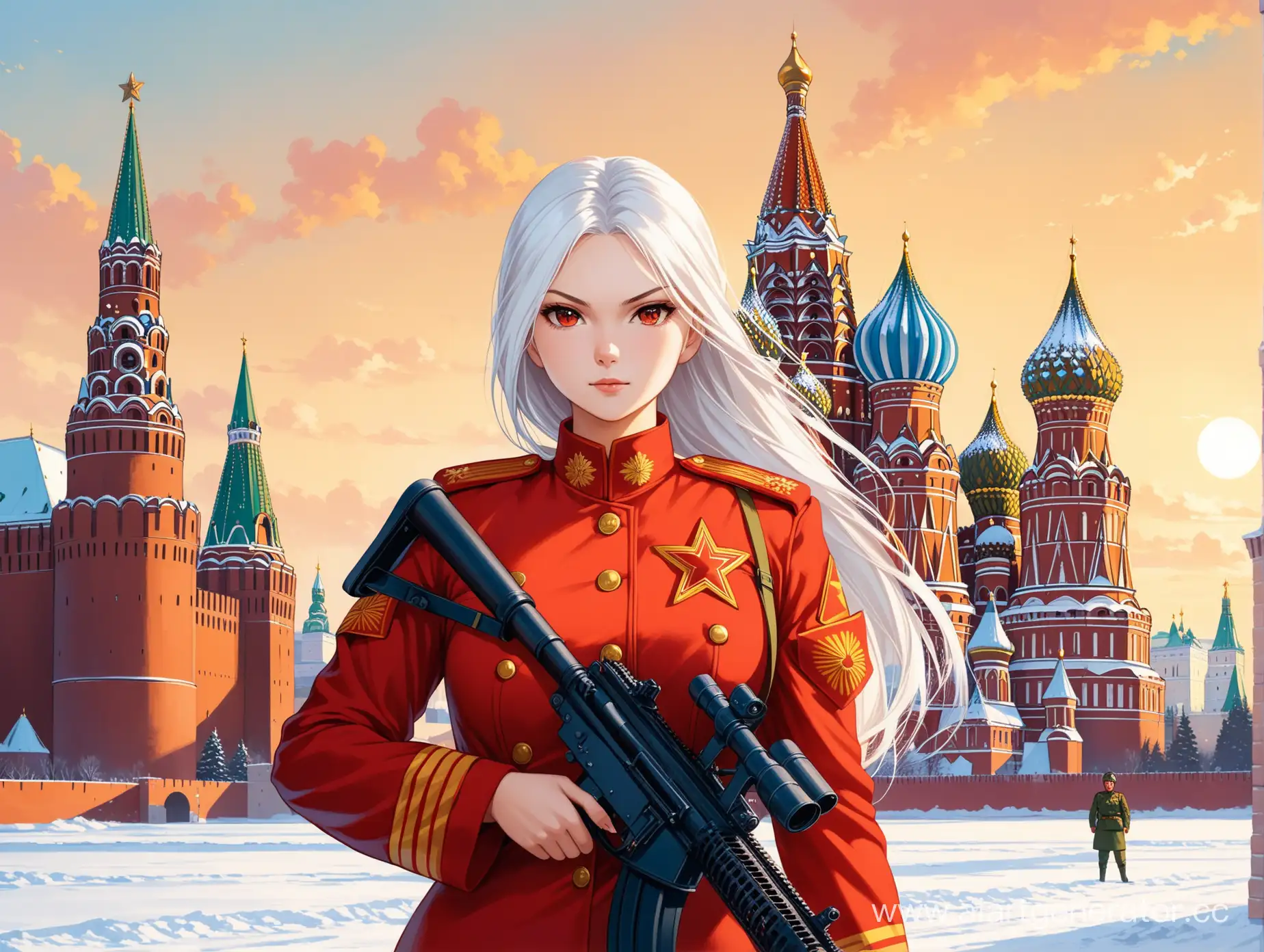 The image shows a unique scene where a cat girl in a Russian military uniform stands against the background of the historical Kremlin. Her aristocratic bearing, white hair and red eyes create a mysterious image filled with strength and pride. The USSR chevron on her uniform recalls the past of Russian history, and she holds a machine gun in her hands, symbolizing her willingness to defend her country. The combination of beauty and martial spirit makes this girl an unshakable and unsurpassed fighter, ready to take on the challenge of any event. Her presence against the background of the Kremlin symbolizes her commitment to the Motherland and her willingness to defend its interests by any means.