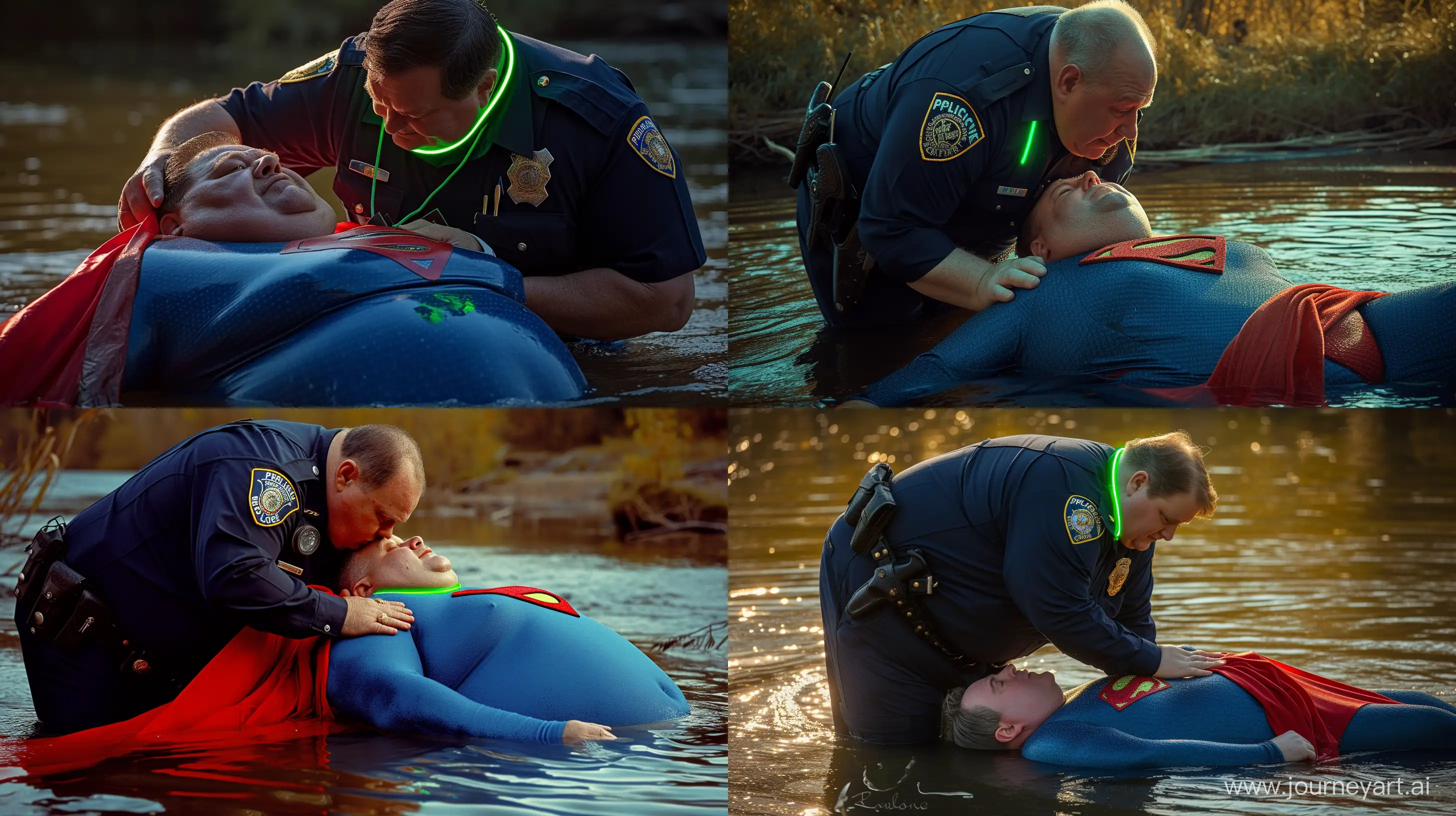 Close-up photo of a fat man aged 60 wearing a navy police uniform. Bending behind and tightening a tight green glowing neon dog collar on the nape of a fat man aged 60 wearing a tight blue 1978 smooth superman costume with a red cape lying in the water. Natural Light. River. --style raw --ar 16:9