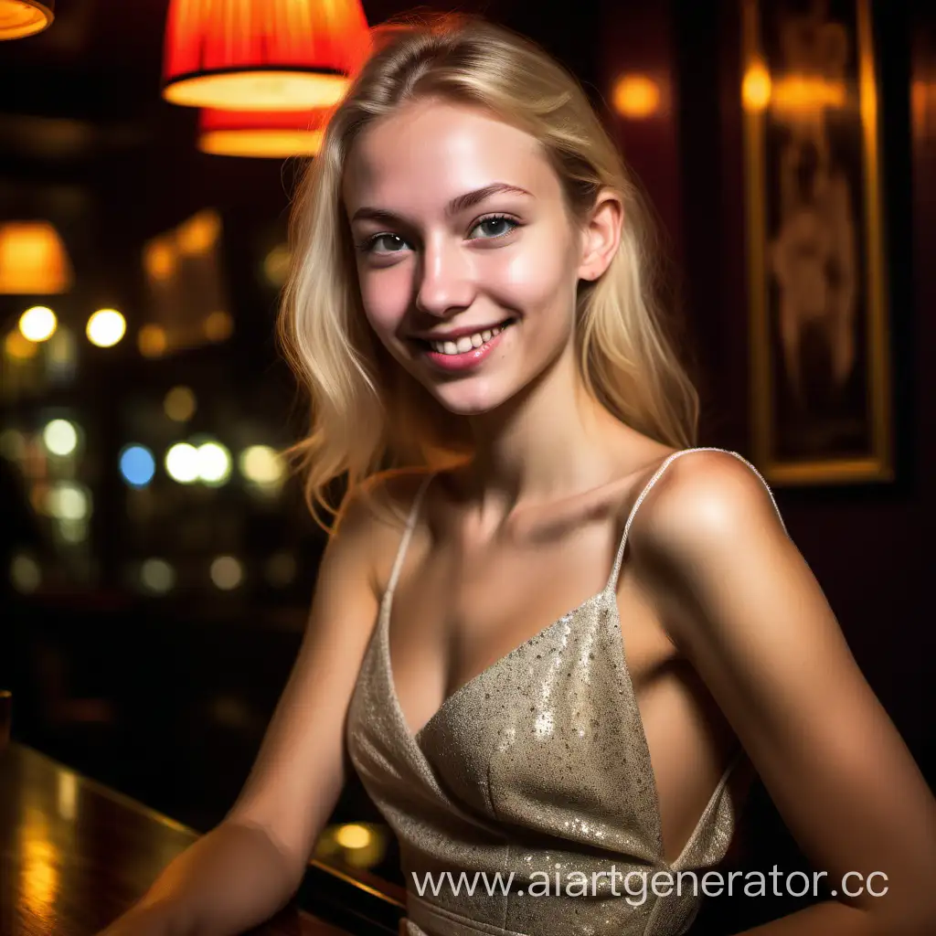 skinny Caucasian toned fit naturally blonde young beautiful stunning woman from Vienna, wearing a very elegant dress, social media photo, teen model magazine exclusive shot in a bar in Vienna during the night, side angle shot, detailed face shot, happy shot