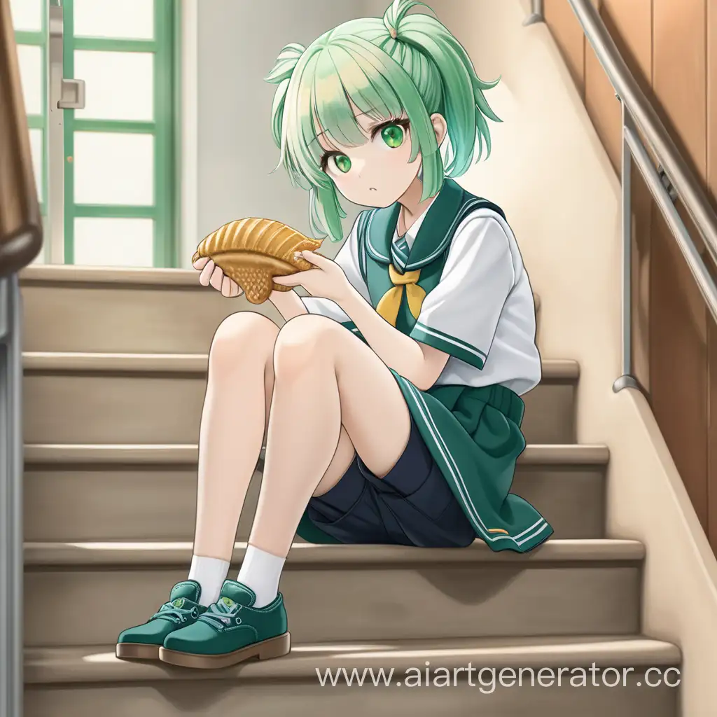 Девочка со светло зелёными волосами с двумя короткими хвостиками с зелёными глазами в школьной форме сидит на лестнице и ест тайяки
