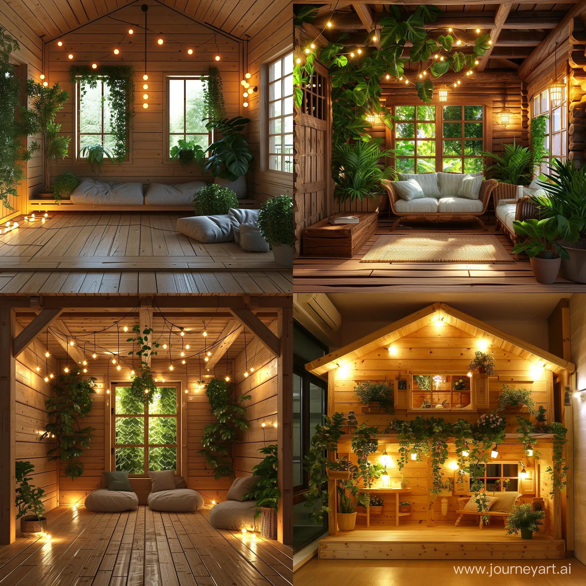 A wooden house made living room with lights, green plants, high quality, realistic style, with windows