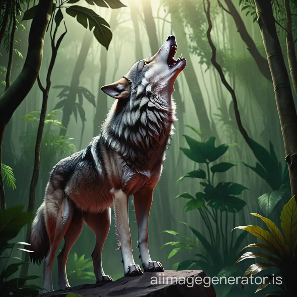 a wolf is howling and standing on the in jungle