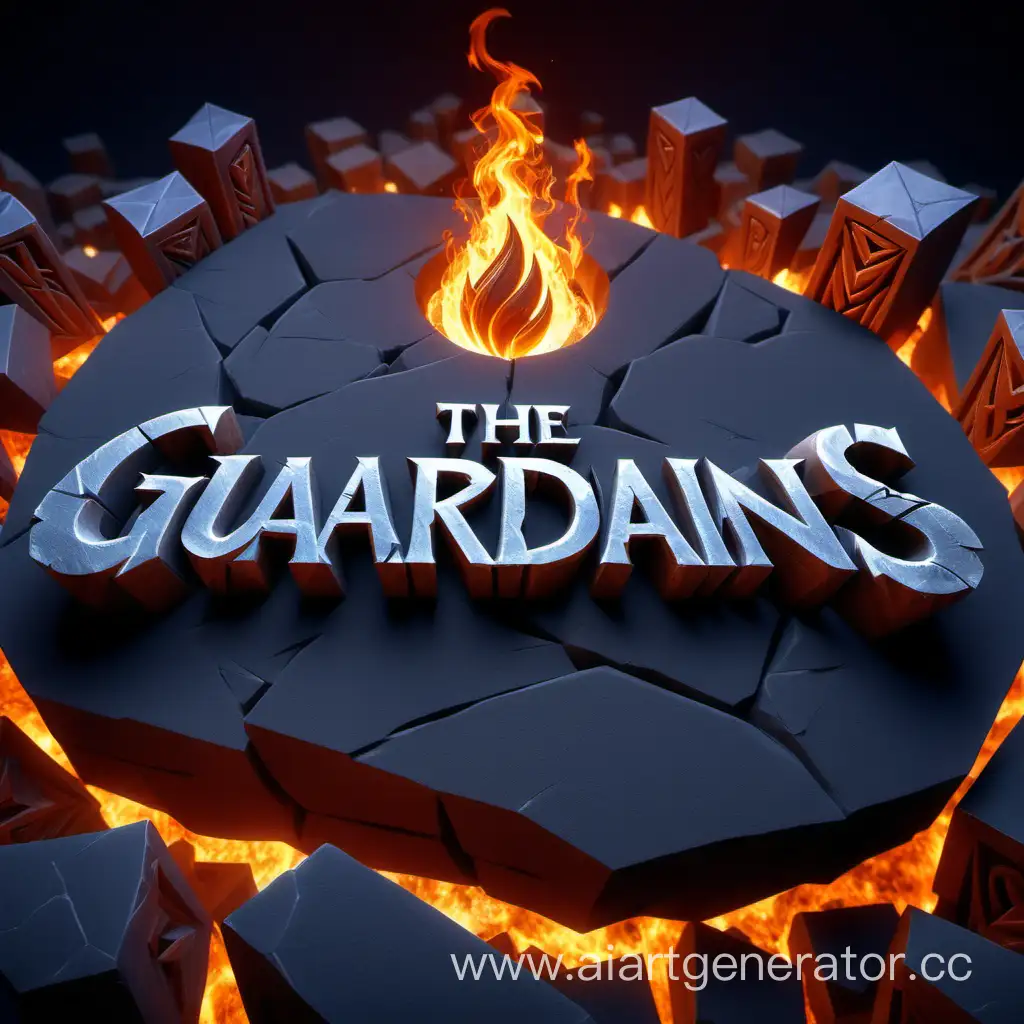 the word "GUARDIANS" is three-dimensional , in the style of a screensaver for games , three-dimensional carved from stone , with fire in the background , a letter screensaver with the style of the DOTA2 game
