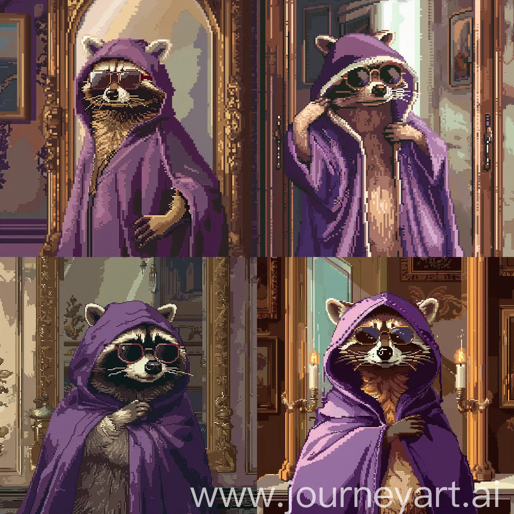 Stylish-Raccoon-in-Purple-Cloak-and-Sunglasses-Admiring-Pixel-Art-Mirror