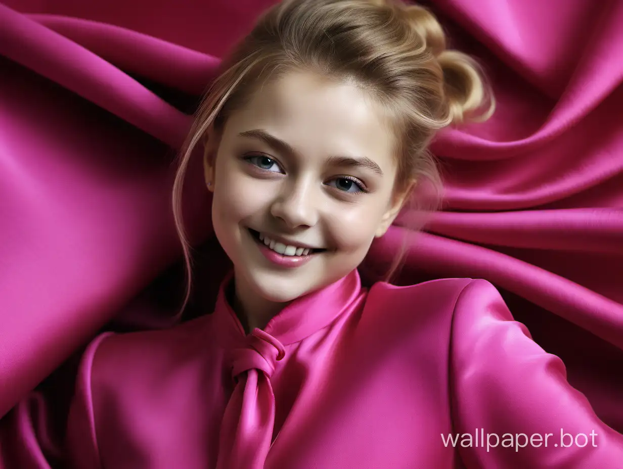 sweet Yulia Lipnitskaya smiles in pink fuchsia mulberry natural luxury silk fabric