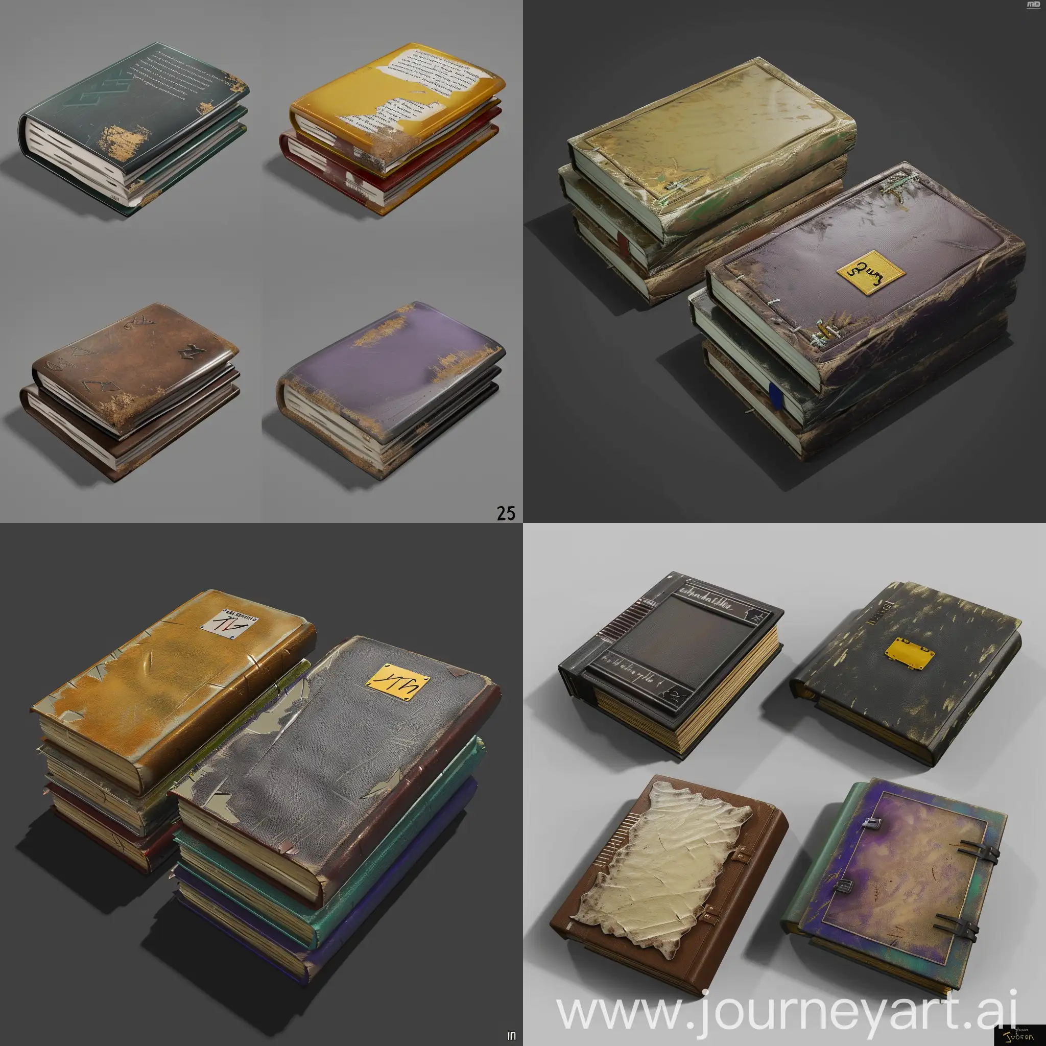 https://imgbly.com/ib/NhVu9noHmK.jpg realistic worn very thin books without text in style of realistic 3d blender game asset, leather cover, realistic style