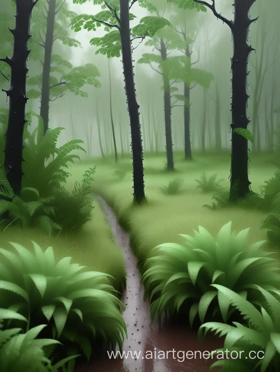 Красивый, густой, влажный лес, во время дождя, немного туманный, с зелеными деревьями и травой