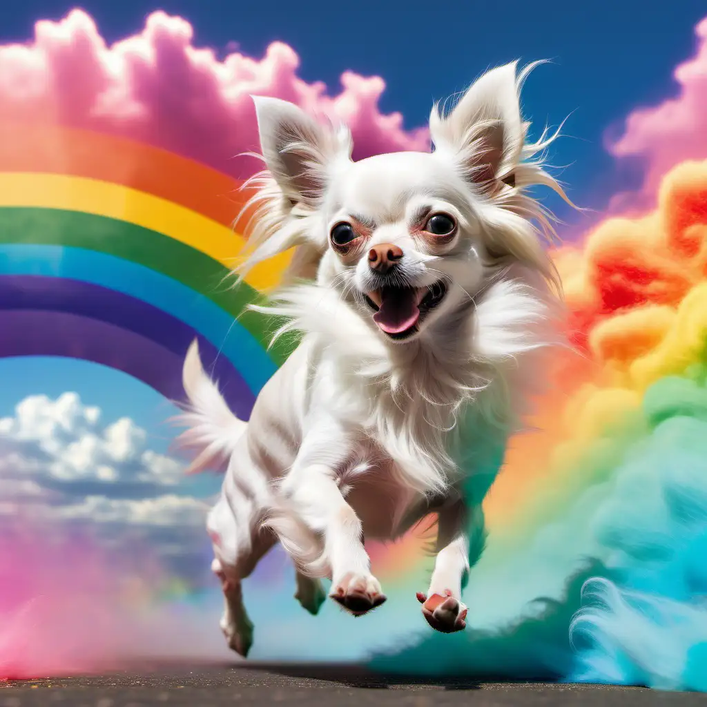 Pitkäkarvainen valkoinen pörröinen chihuahua juoksee vaudikkaasti ulos neonvärisestä kuvan täyttävästä sateenkaaresta. Koira näkyy sivuttain. Koiran askeleet ovat pitkät. Sateen kaaren takana ja päällä on pastellivärisiä pörröisiä pilviä,