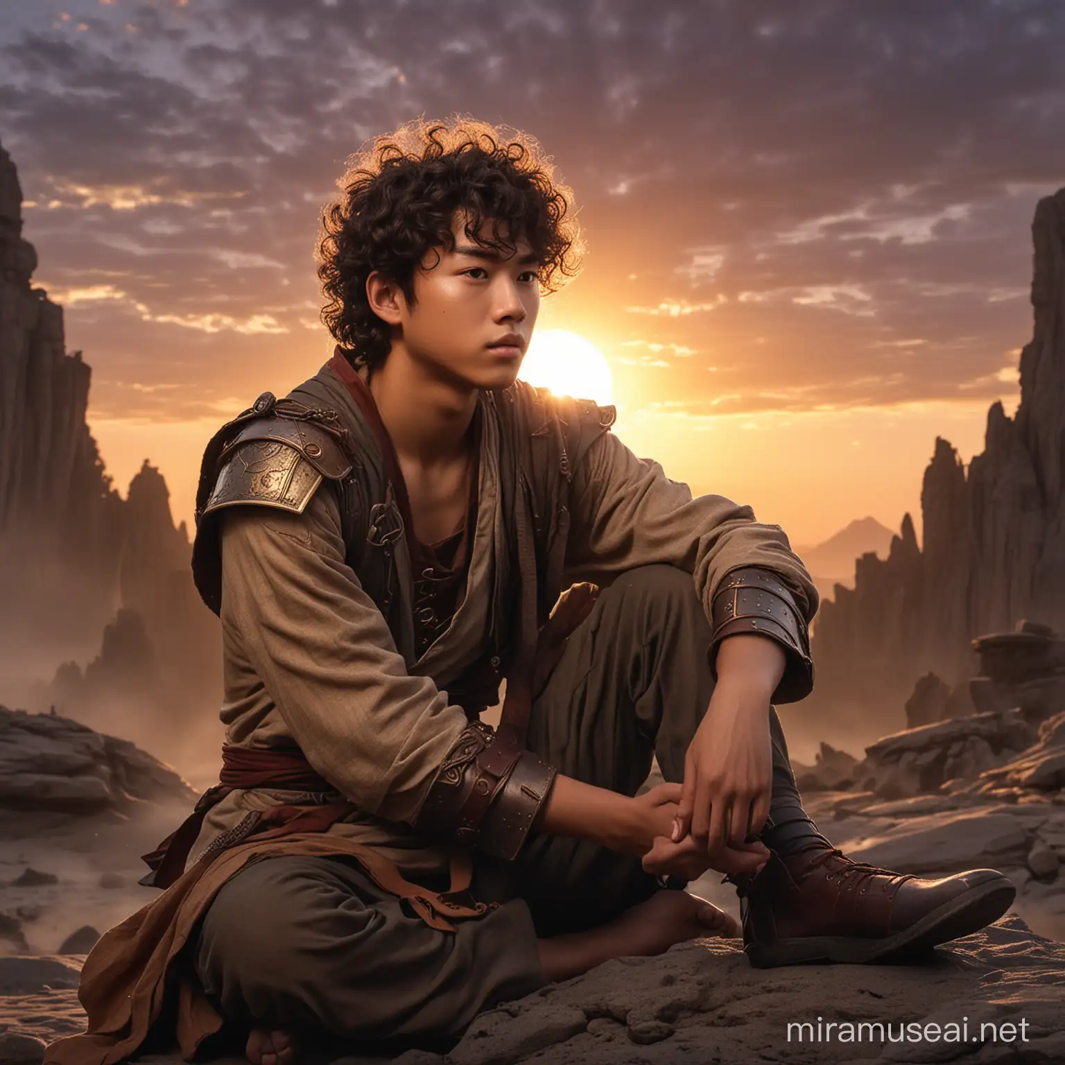 un ado mâle de type asiatique, cheveux bouclés, dans un style heroic fantasy, assis, après un combat épique, au coucher du soleil