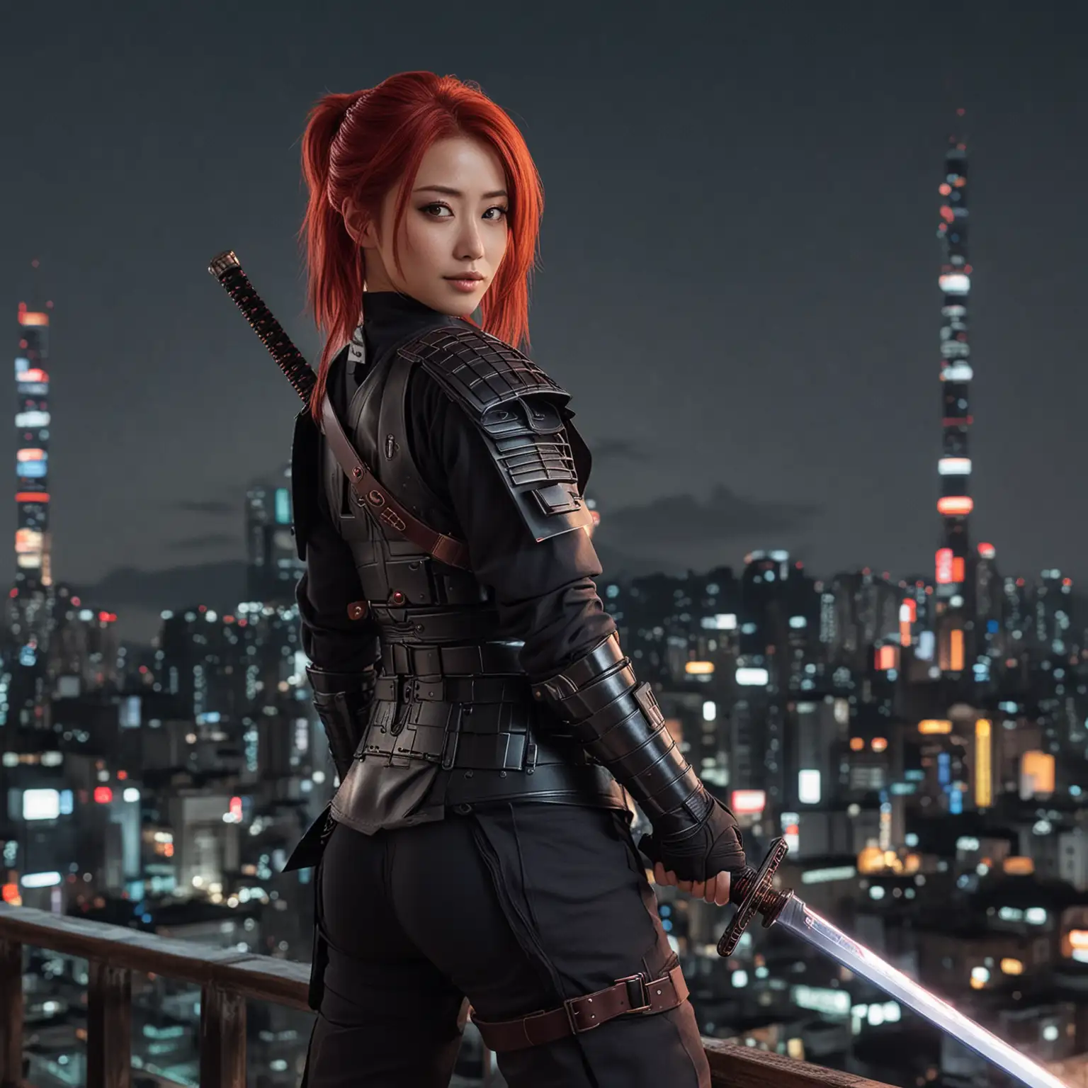 A 42 years old Bae Doon as a futuristic swordswoman . She is on a rooftop looking over futuristic neo Kyoto at night. She has red hair, looks confident, large eyes with a smile
