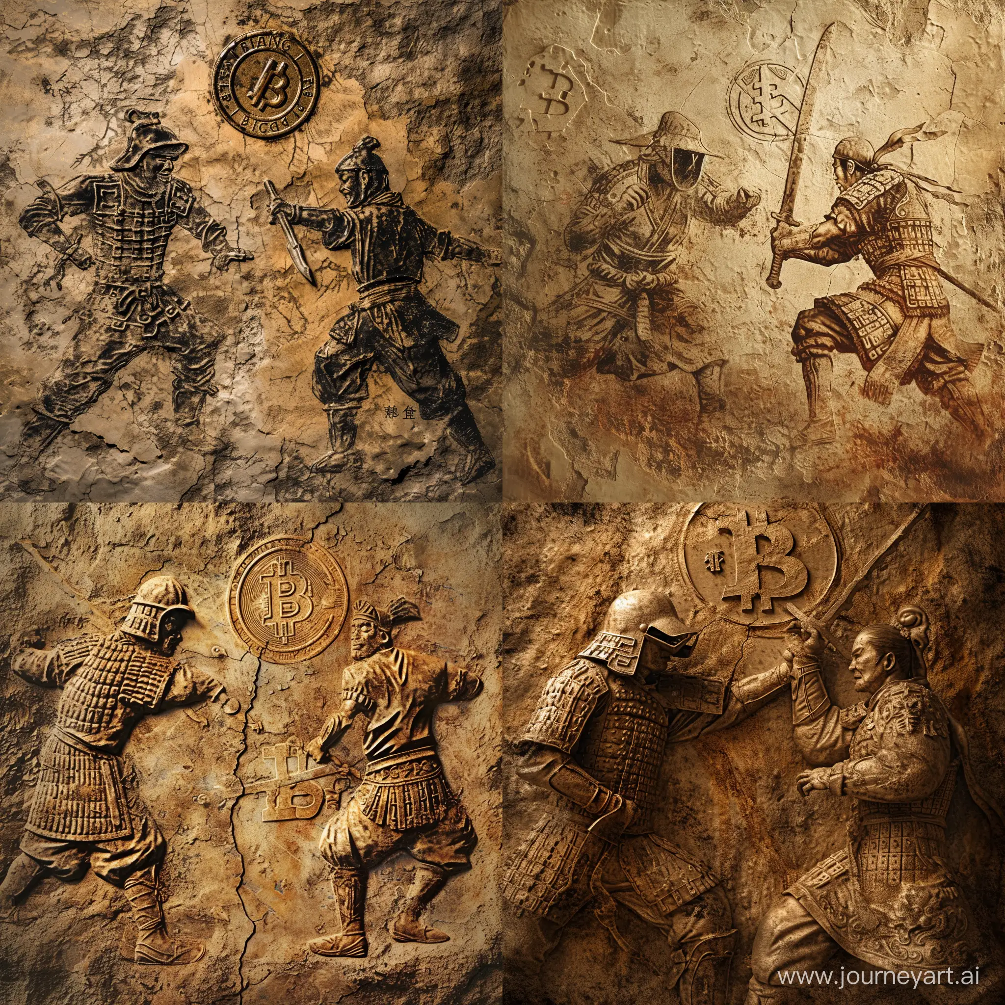 Realistic. Prehistoric faded and eroded cave art of a strong and lean medieval Chinese soldier with visor helmet and embossed with the Aleph number(ℵ) symbol battling a medieval lean and strong Japanese warrior embossed with the Bitcoin logo.