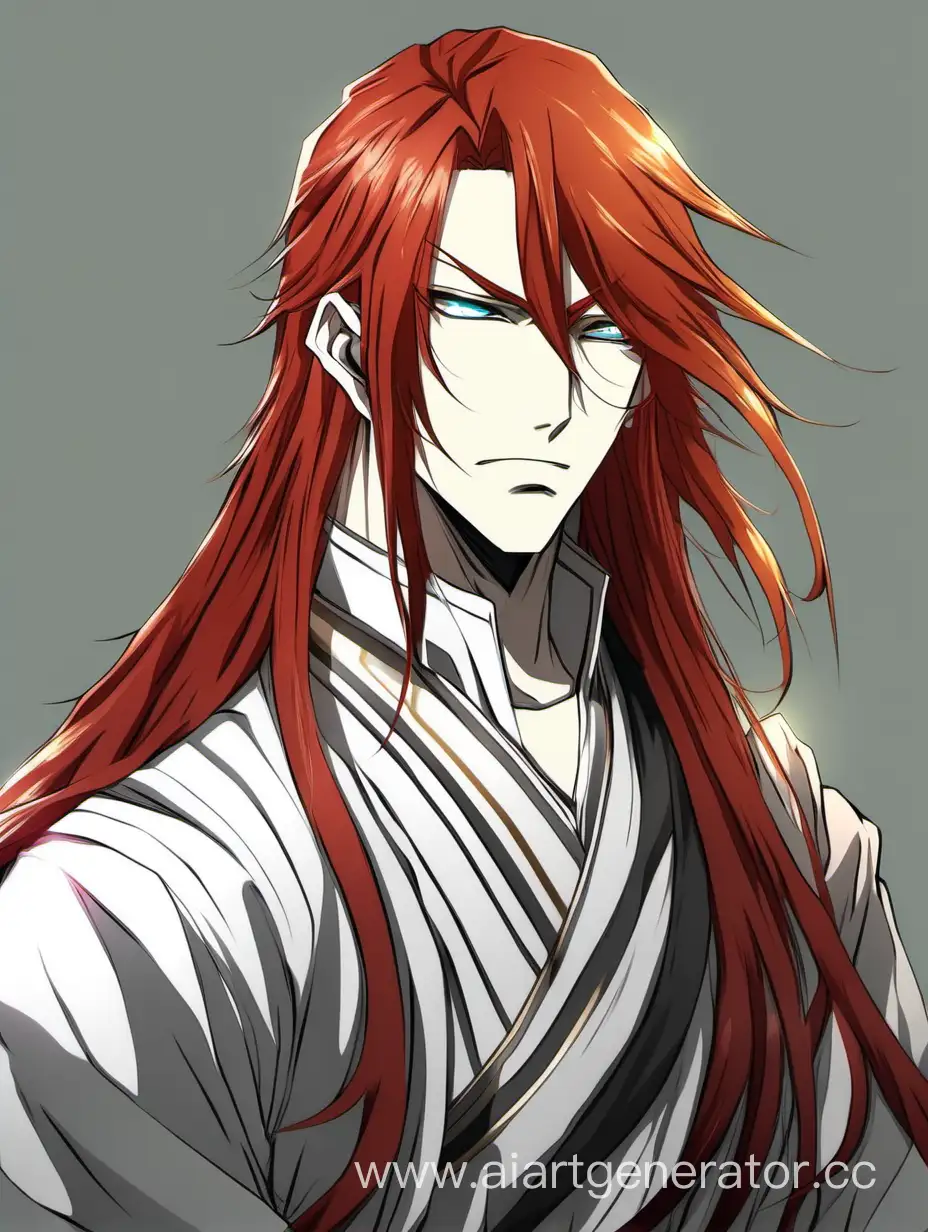 Мужчина с длинными красными волосами, классическая одежда. портрет по локти, аниме.