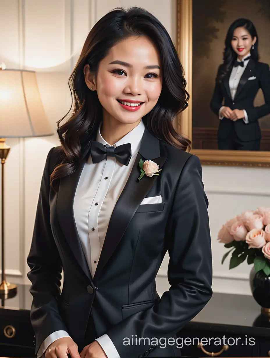 The scene is a dimly lit room in a wealthy mansion. A beautiful middle age smiling and laughing vietnamese woman with tan skin, long black hair, and lipstick, mid-twenties of age, is standing in the corner of a room. She is wearing a tuxedo with a black jacket.  The jacket has a corsage. Her shirt is white with double french cuffs and a wing collar.  Her bowtie is black.   Her cufflinks are large and black.
