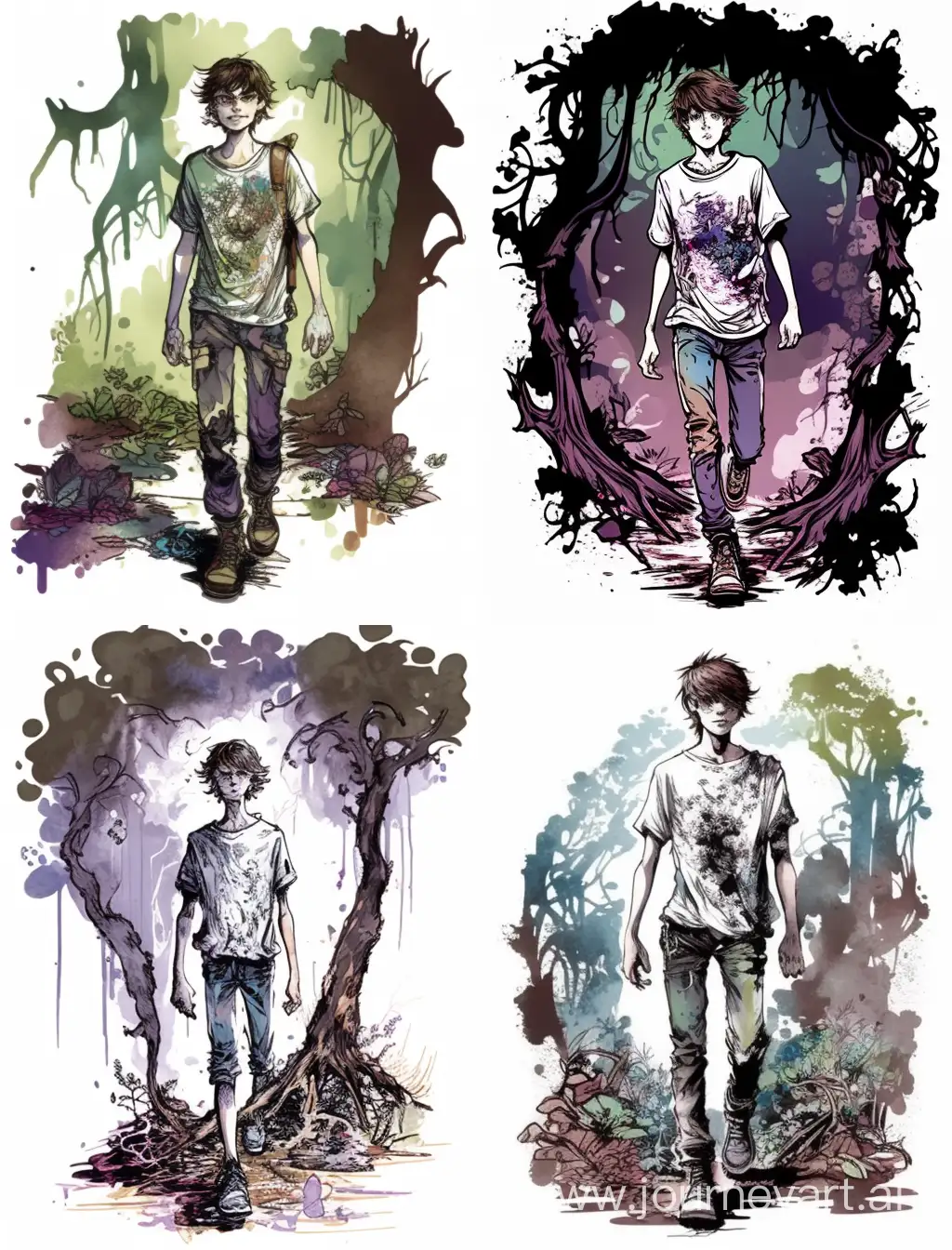  we have a teenage boy walking through a mysterious realm full of strange and wonderful creatures, magic, and wonders. The boy is very tall and thin, with messy brown hair and big expressive eyes. He is wearing a loose shirt with a loose tie-dyed t-shirt underneath, and baggy jeans. The environment he is walking through is very mystical, with a lot of glowing crystals and strange rocks surrounding him. The atmosphere is filled with a sense of adventure and mystery.