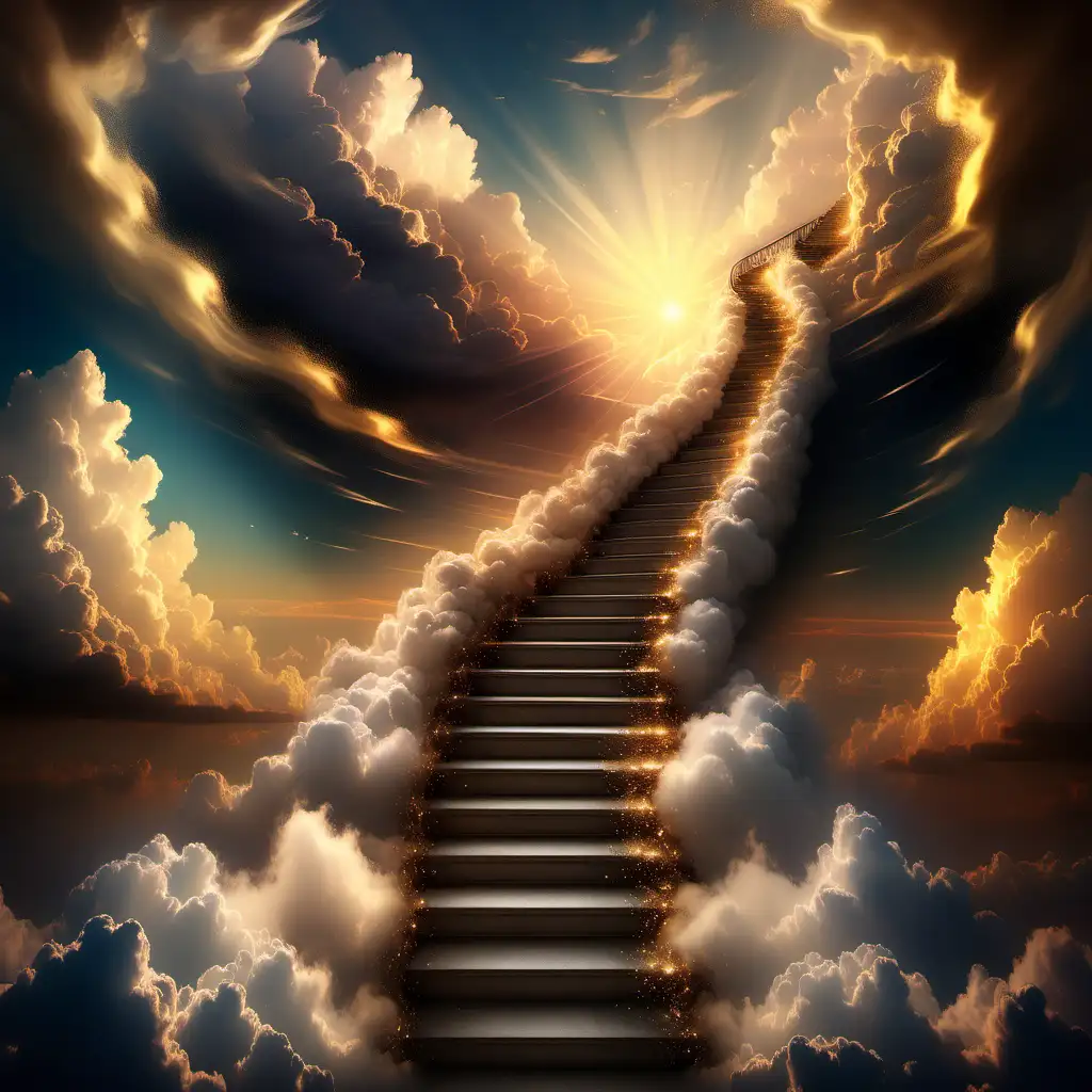 beautiful dramatic stairway staircase going into heaven with tons of dramatic fluffy clouds and tiny sparkles with tiny hues of gold and a beautiful sunset like a painting
