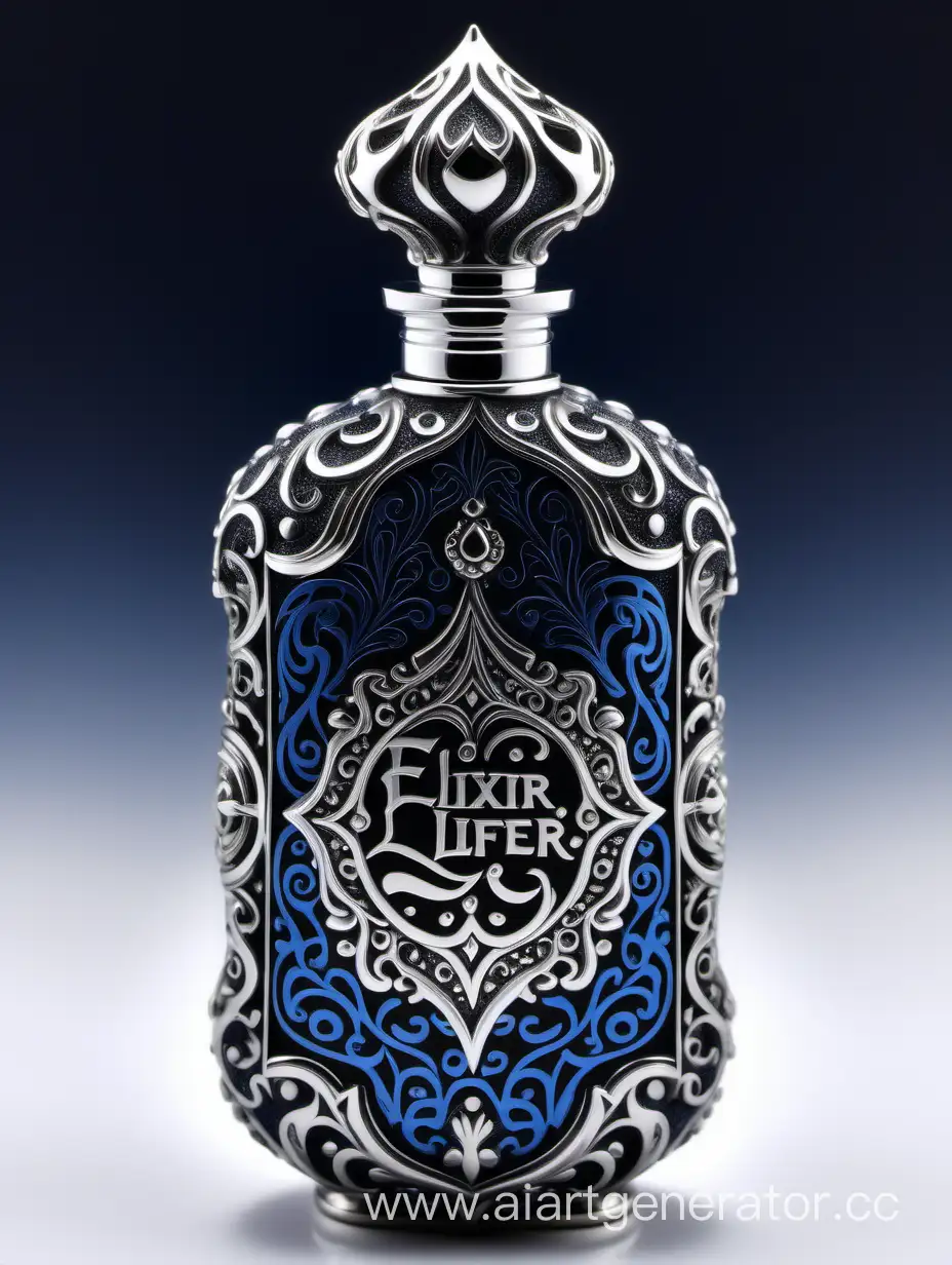 Elaborate-Elixir-of-Life-Potion-Bottle-with-Dark-Blue-and-Silver-Arabesque-Design