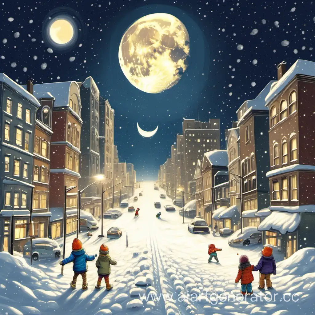Children-Playing-in-a-Snowdrift-Under-the-Moonlight-with-Jupiter-Overlooking-the-Big-City