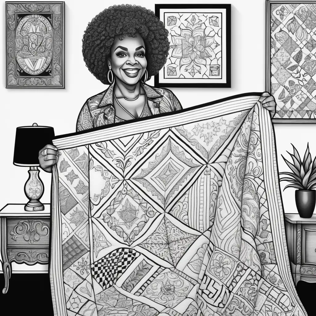 adult coloring book, black and white. Illustrated, dark-lined, no shading, highly detailed. Pop art inspired. Older black woman standing, proudly holding up a quilt with various patterns on patches in front of her. Living room background.