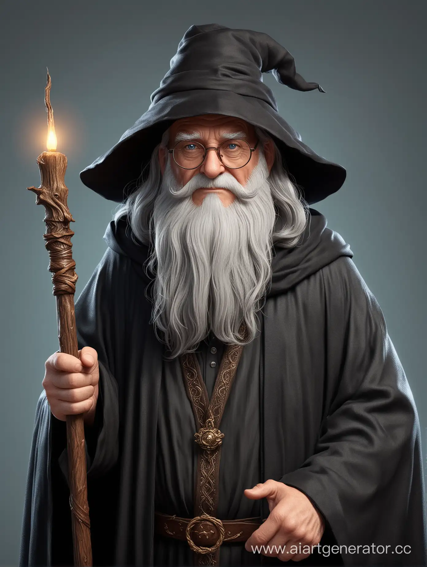 The mentor, a sweet old man, is dressed in an ancient dark cloak, in his hand is a staff, thick eyebrows, a thick beard and long hair, glasses, a magician’s hat on his head, 3D rendering, cartoon style