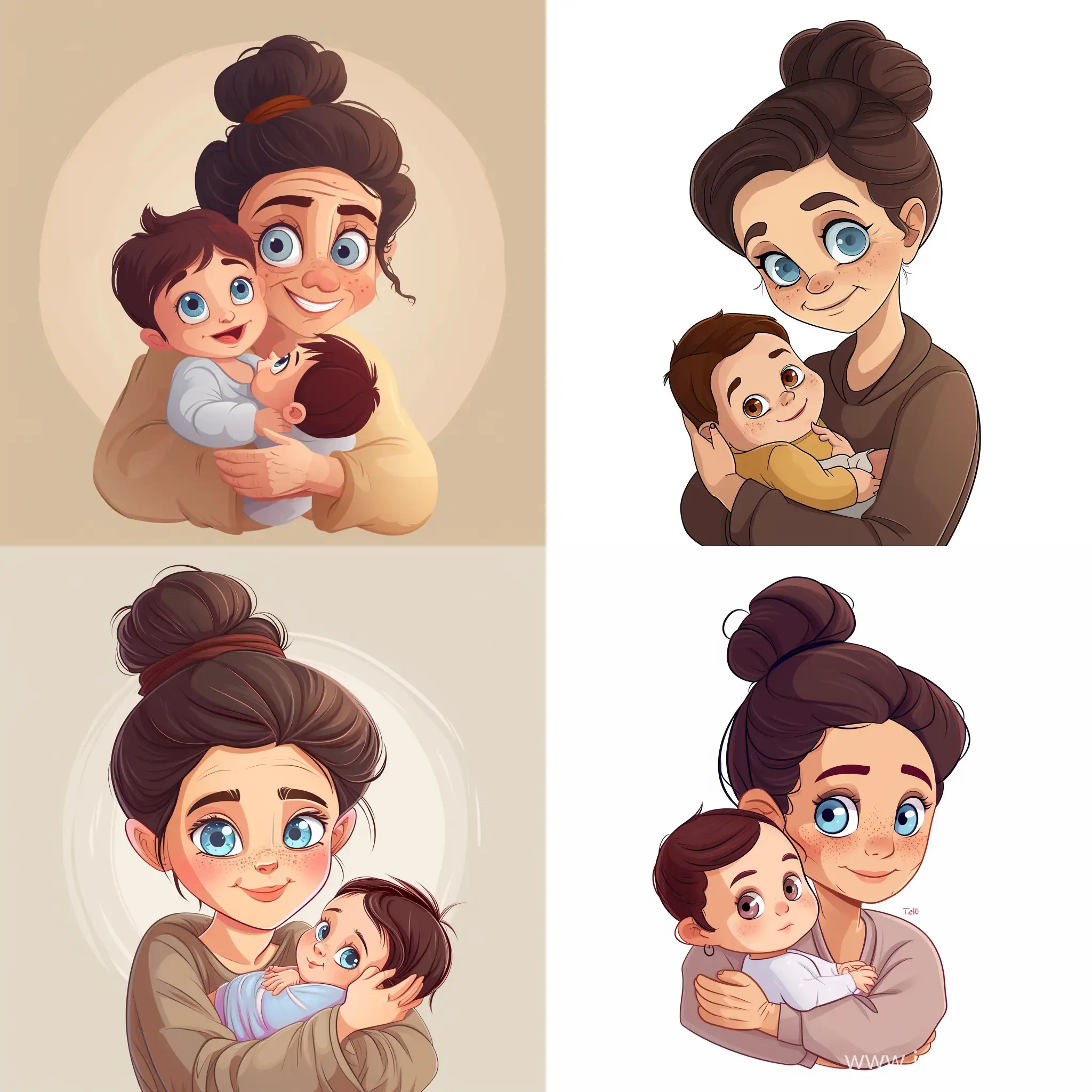 Tender-Cartoon-Moment-Grandmother-Embracing-Newborn-Girl-with-Dark-Brown-Hair-and-Blue-Eyes