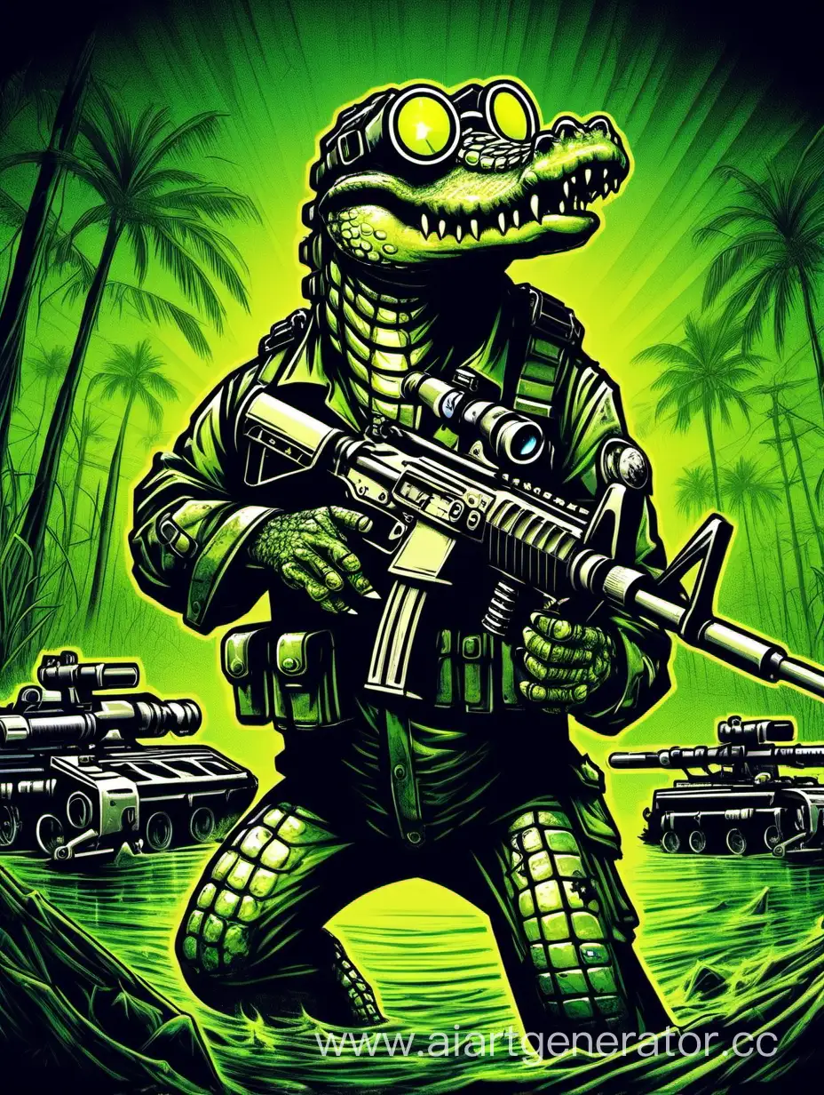 alligator with a machine gun and wearing night vision goggles, logo