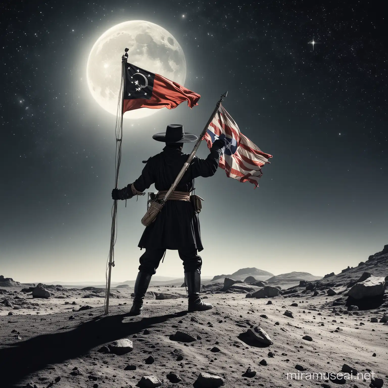 Zorro Planting Flag on Moon in Vast Space