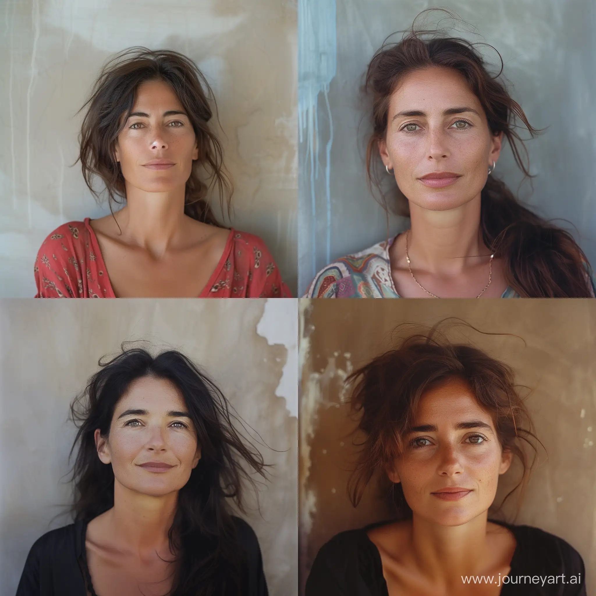 Intimate photographic portrait of an attractive 40 years old Spanish woman, in front of a flat wall, playful hair, peaceful and joyful expression, deep and captivating eyes, looking at camera, eye contact, summer gentle light, cinematic style, shot with Fujicolor Pro 400H::3 by Georg Baselitz ::2 --style raw