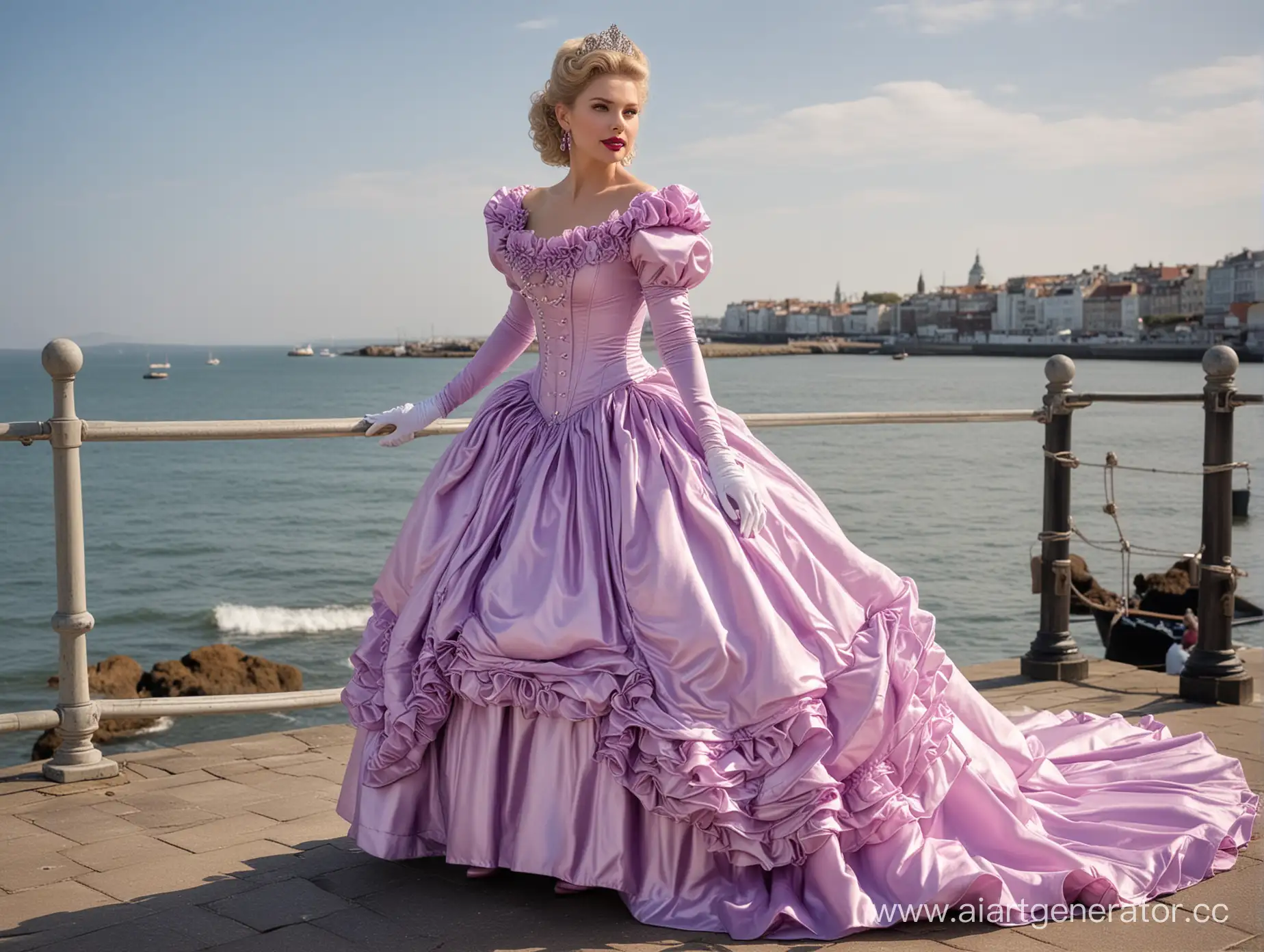 Regal-Queen-in-Luxurious-Violet-Dress-by-the-Sunny-Seaside