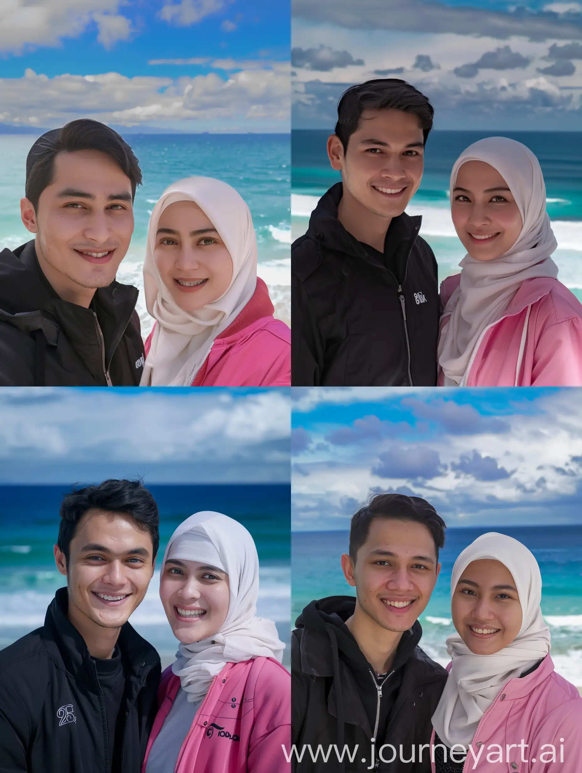 (8K, RAW Photo, Photography, Photorealistic, Realistic, Highest Quality, Intricate Detail), Medium photo of 25 year old Indonesian man, fit, ideal body, oval face, white skin, natural skin, medium hair, wearing a black jacket, side by side with a 25 year old Indonesian woman wearing a white hijab, pink jacket, they smile facing the camera, her eyes look at the camera, the corners of her eyes are parallel to the view on the beautiful beach, blue sea waves and blue and white clouds, HD like real clear daylight