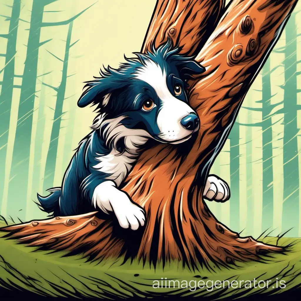 concept art illustration style. image from behind of tri color border collie pup colliding with a tree, comical