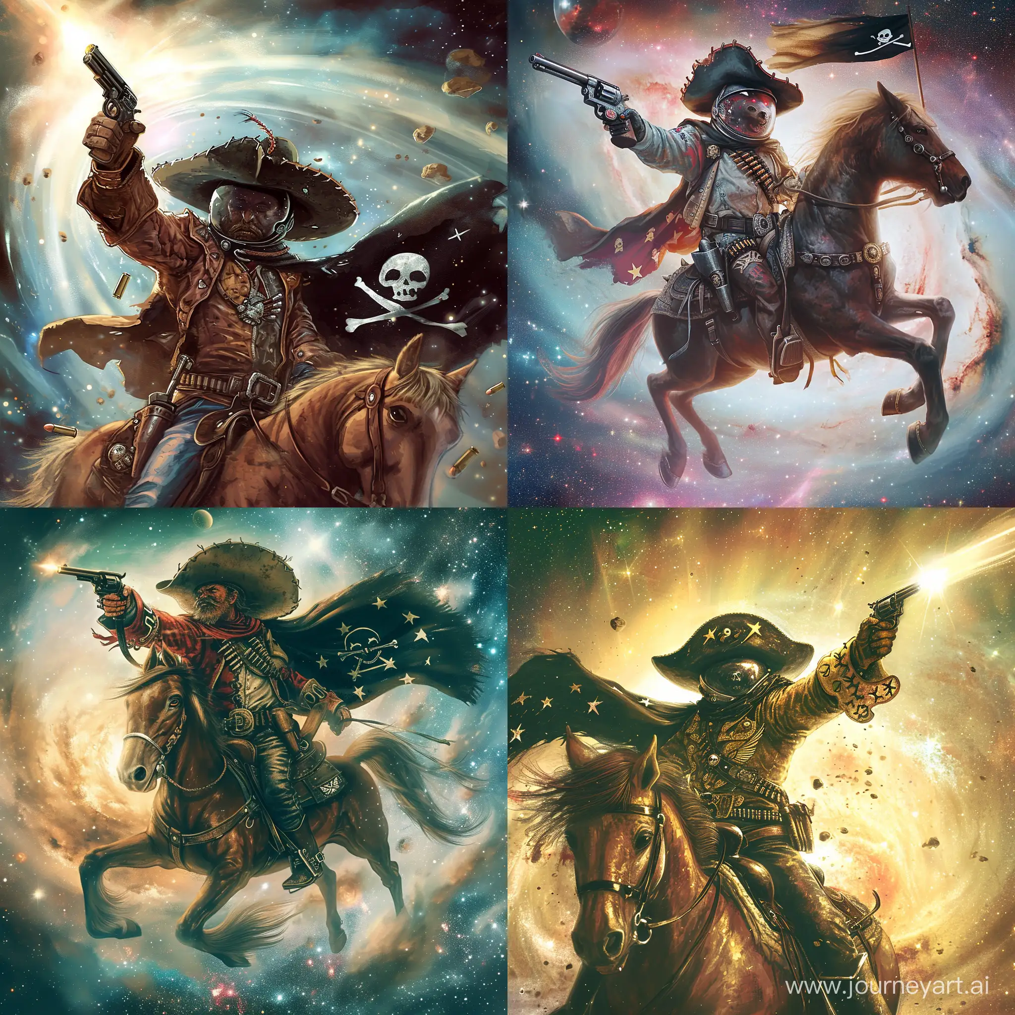 space cowboy pirate with a cowboy hat, space helmet and a pirate black flag in space with light galaxy background pointing a gun and riding a horse
