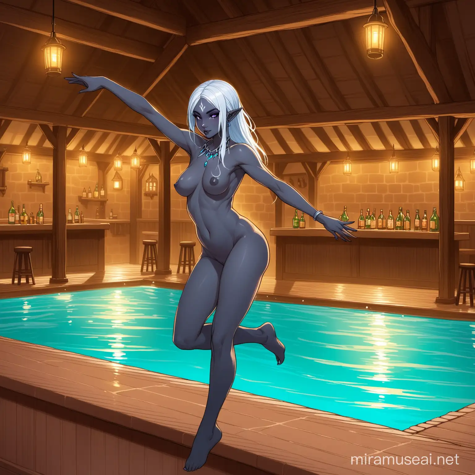 naked female a Drow, dancing around a pool in a tavern spa. 

