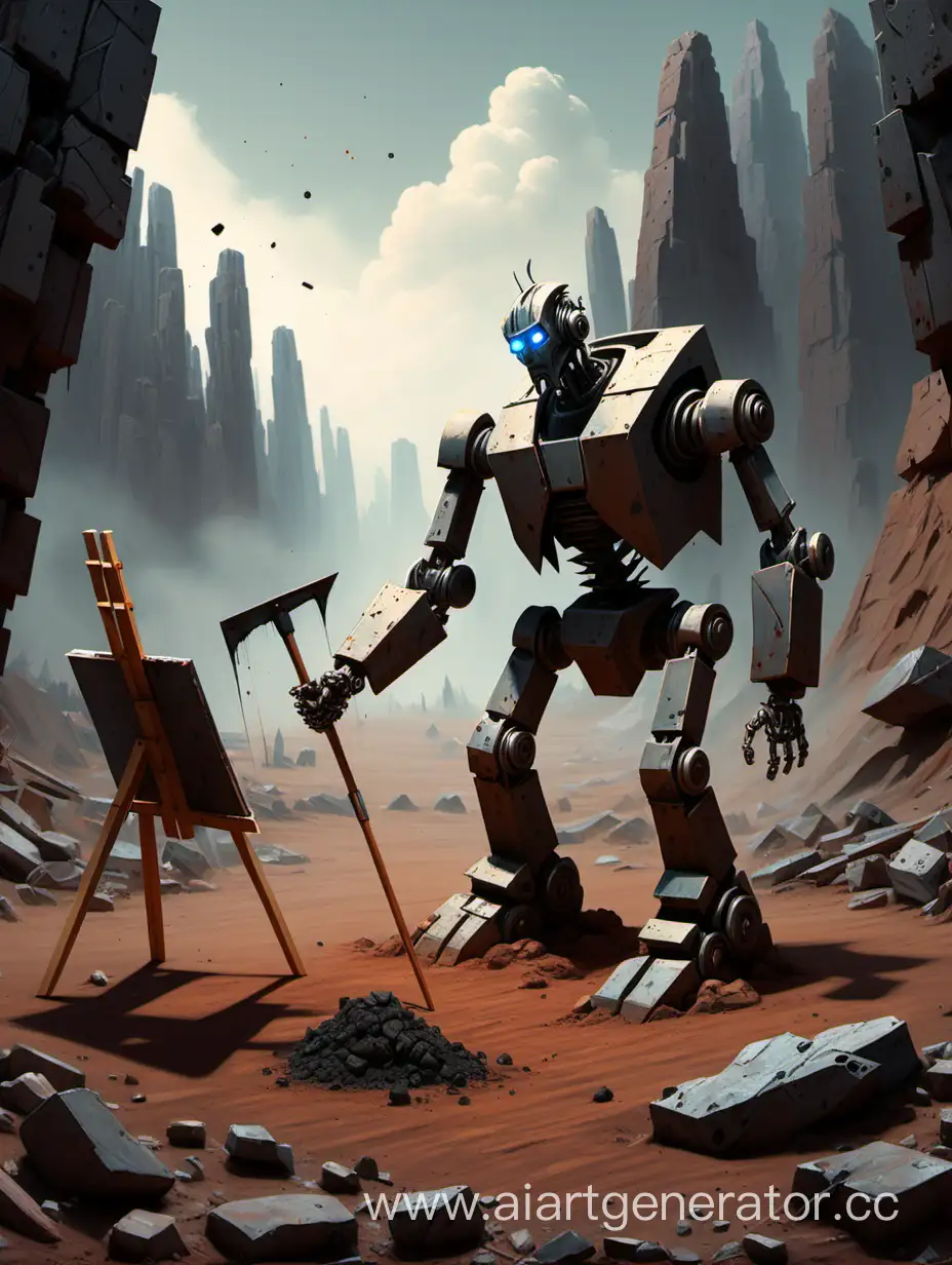Брутальный робот в далеке, копает каменистую землю напряжённо взмахивая киркой, тем временем человек стоит у мольберта и рисует его на своей картине.