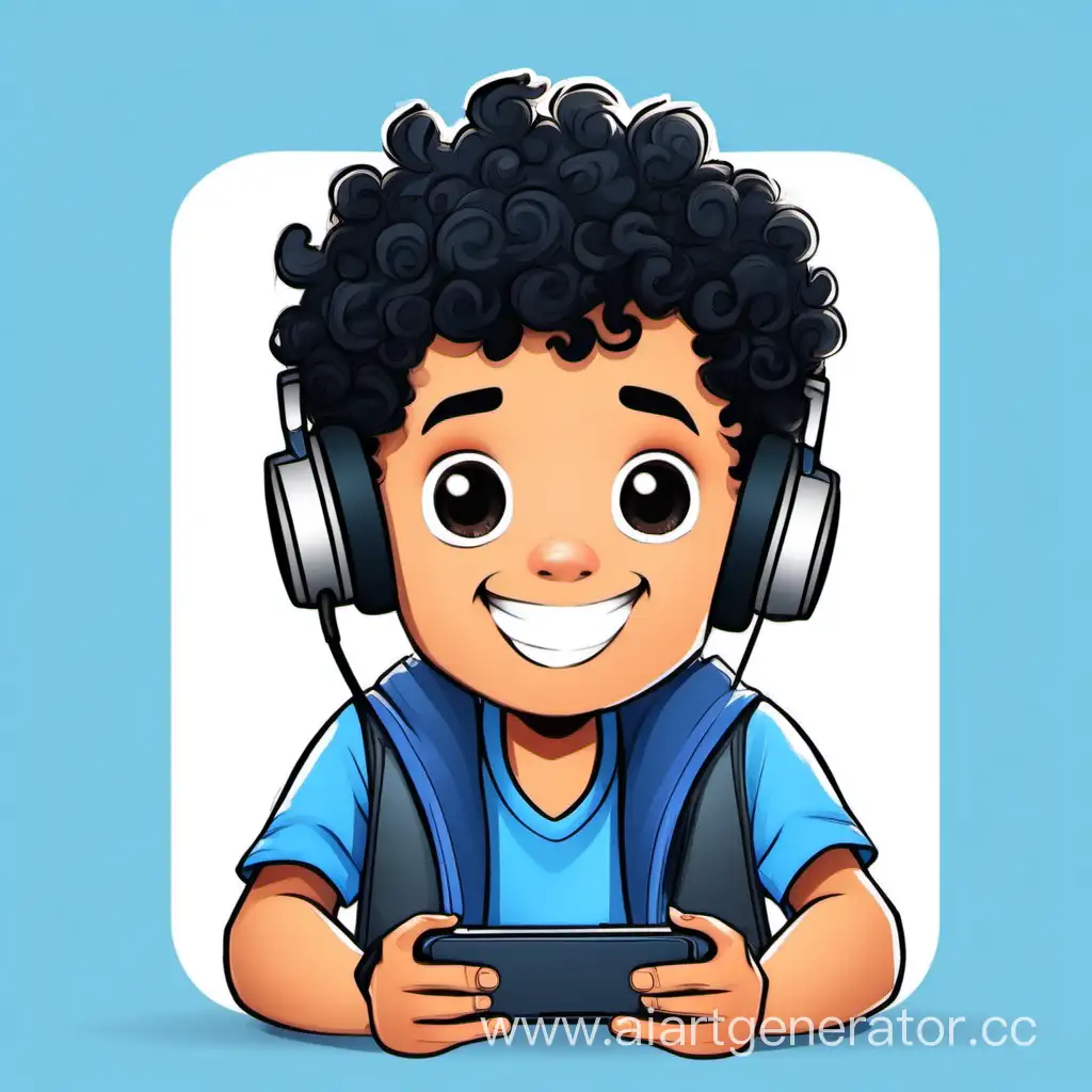 нужна аватарка для ютуб канала, мальчик сидит в телефоне с кудрявыми черными волосами в синей футболке с кофтой
