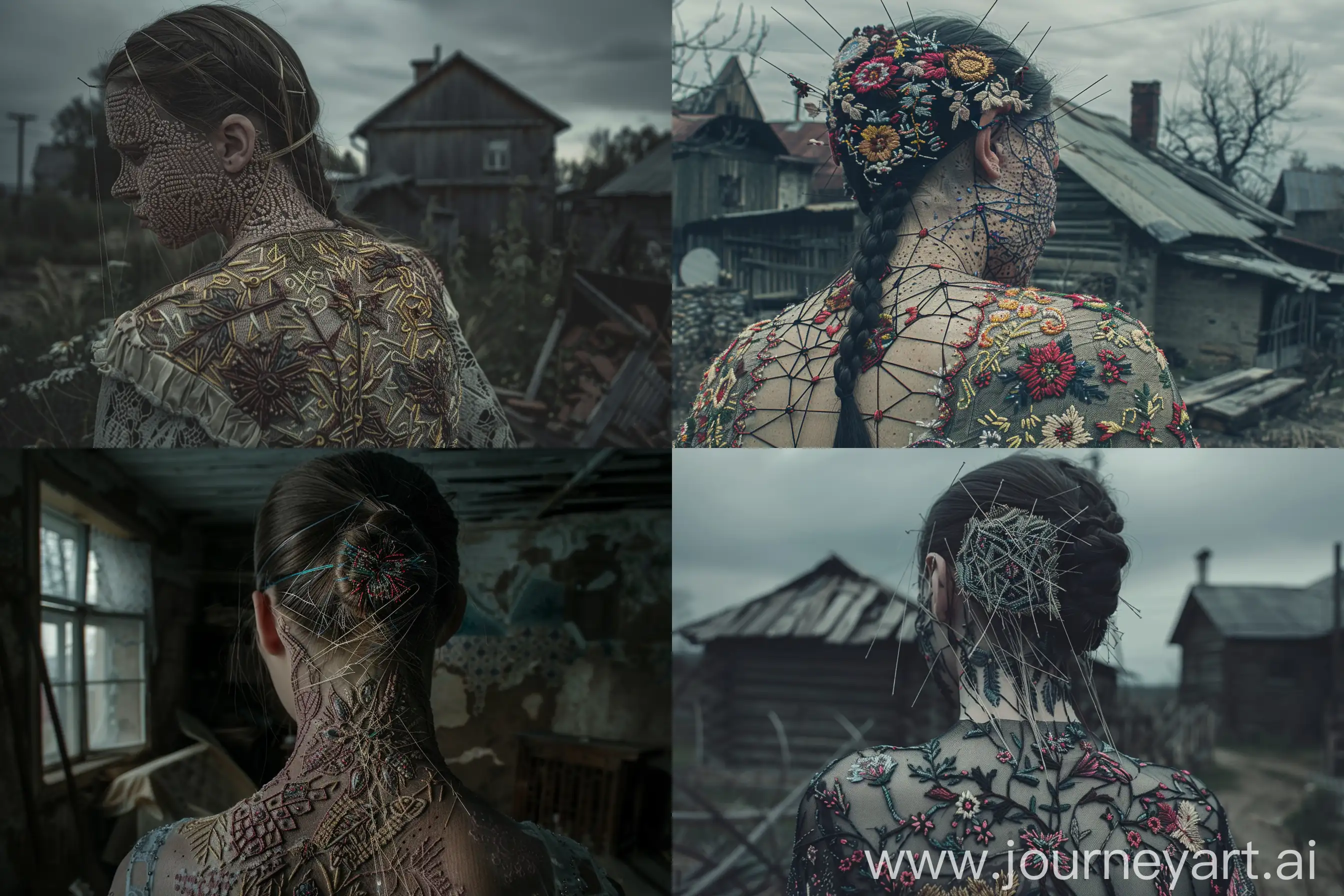 the whole face and back are permeated with painful threads in the style of Ukrainian national embroidery, embroidery on human skin, the skin on the back is permeated with ethnic Ukrainian patterns of the 19th century, deep emotions, hyper-realistic embroidery on the skin of the back, a very expressive look, threads sticking out of the skin, medium shot, lens 24 mm, general plan, gloomy dim lighting, grave condition, girl in an old Ukrainian farm house, --ar 3:2