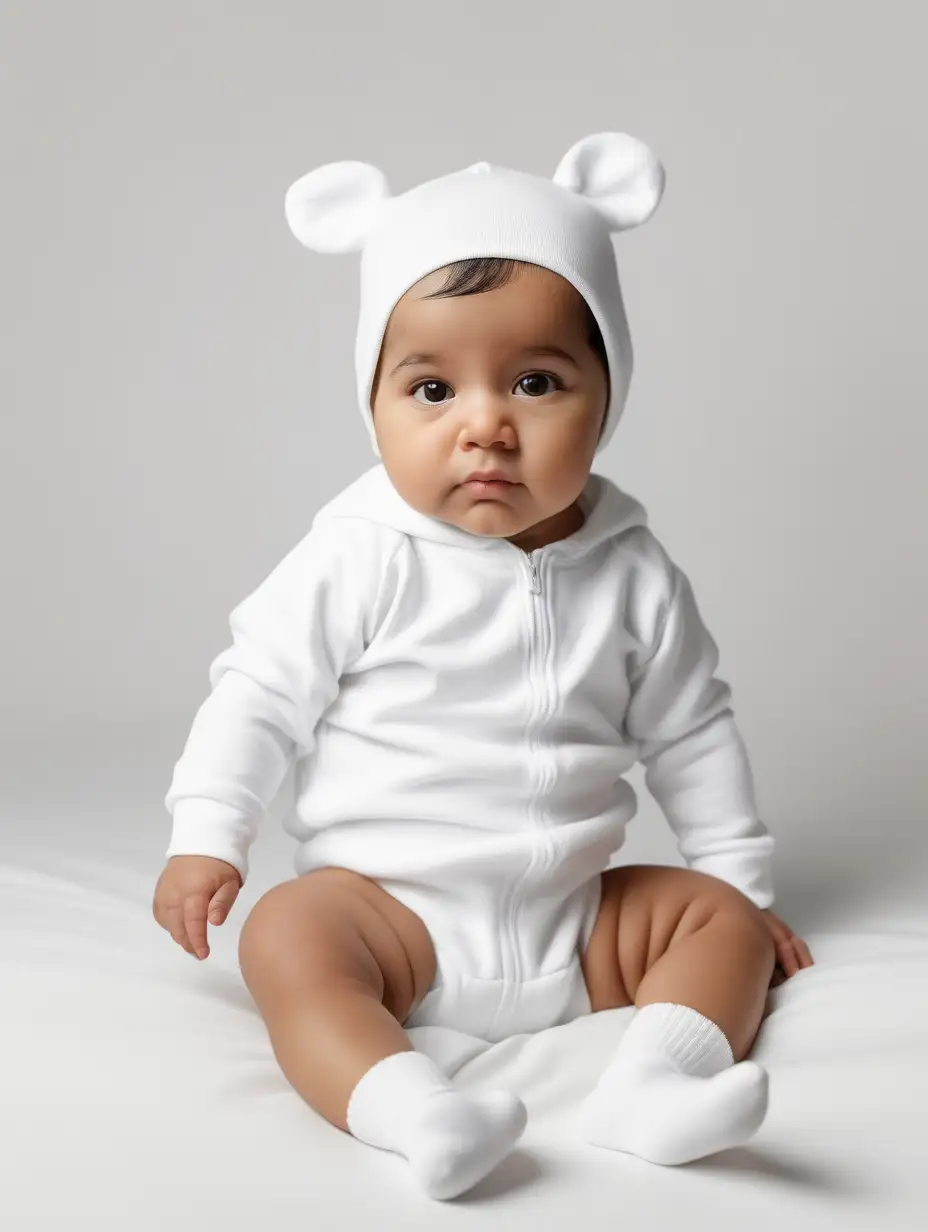 a mock up photo of a hispanic baby wearing a white onesie and socks


