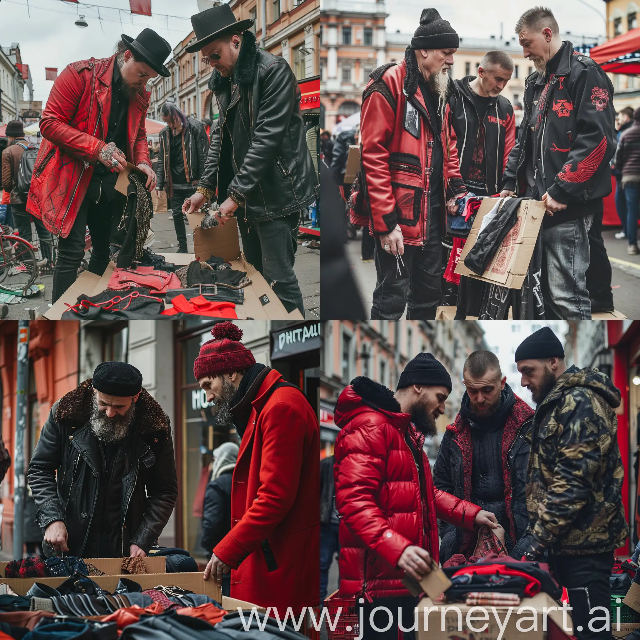 Rugged brutal countercultural gentlemen picking out stylish clothes at the old market in center of Saint-Petersburg, standing on cardboard, red and black colour scheme, no neon, dramatic lighting, cinematic detailing