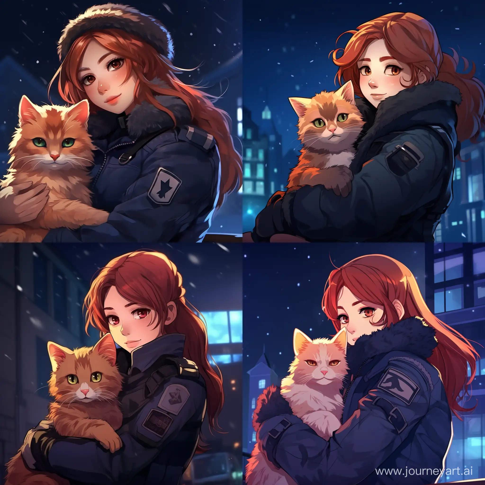 Cinematic-Anime-Winter-Night-RedHaired-Police-Officer-with-Cat