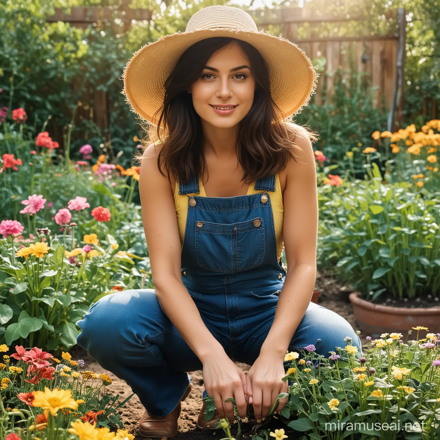Milana tends to her garden at home, wearing overalls and a wide-brimmed straw hat, planting flowers in a colorful garden bed. looks hot and sexy