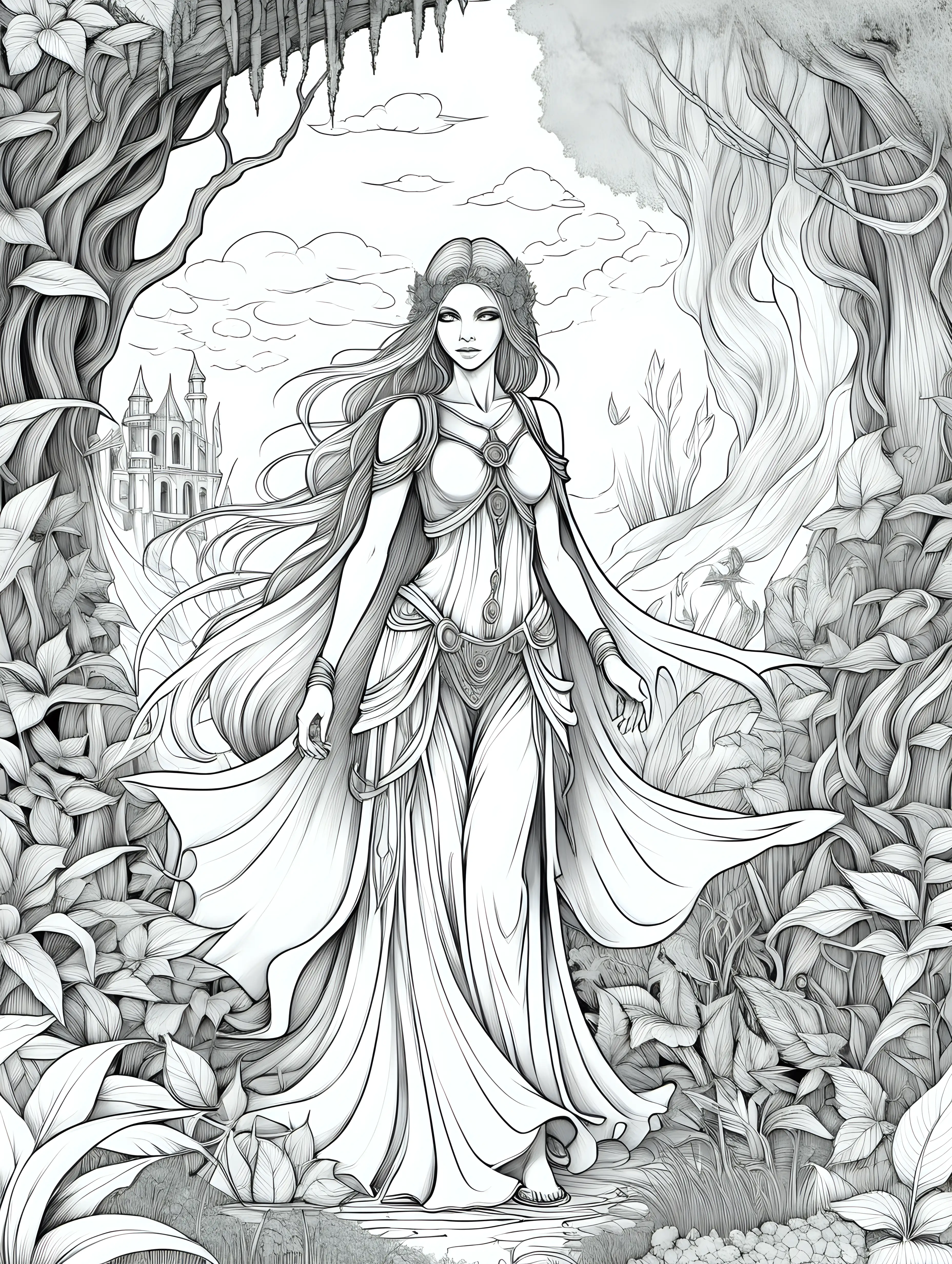 Enchanting Fantasy World Coloring Page Featuring a Driad