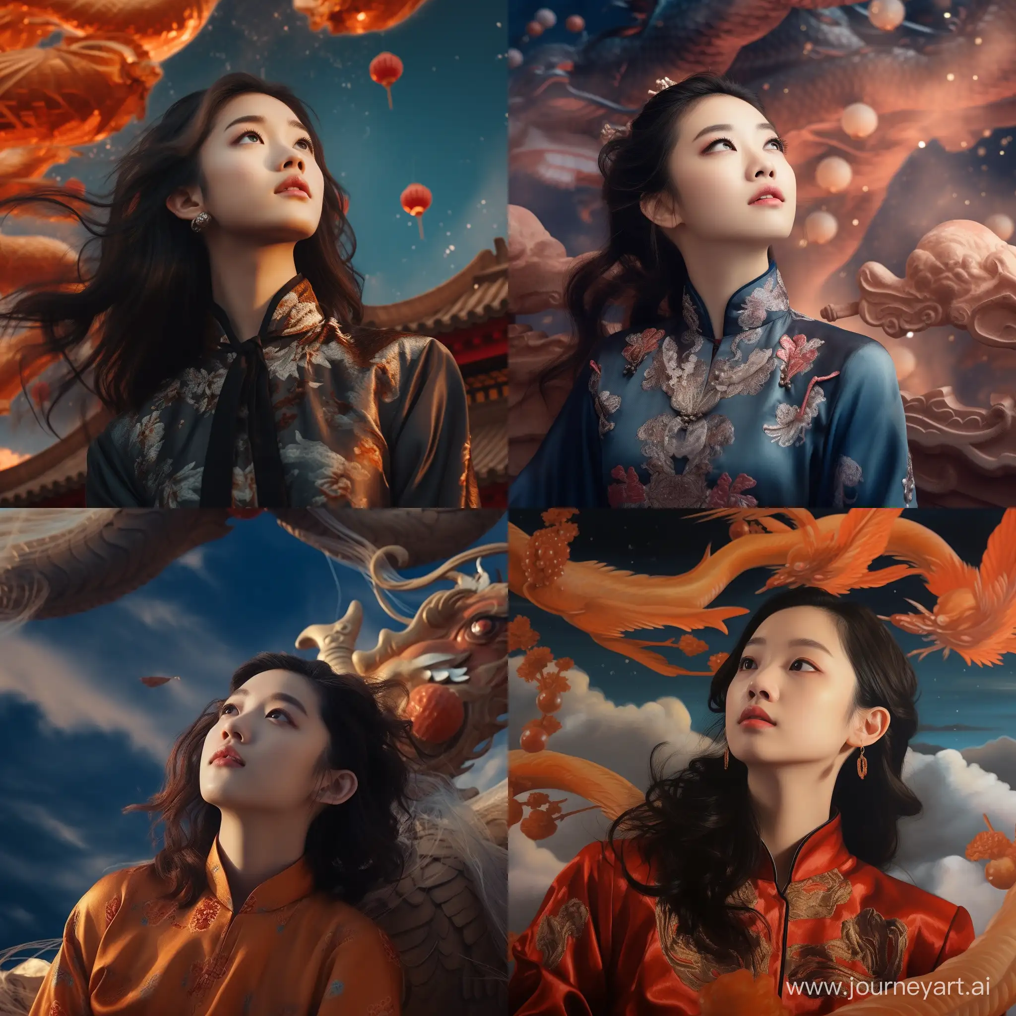 Chinese-Girl-Admiring-Festive-Dragon-in-New-Year-Sky