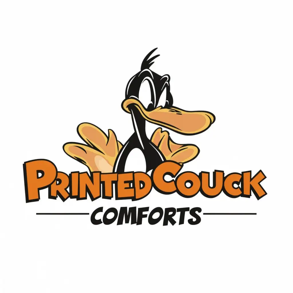 logo, Daffy Duck, with the text "PrintedComforts", typography