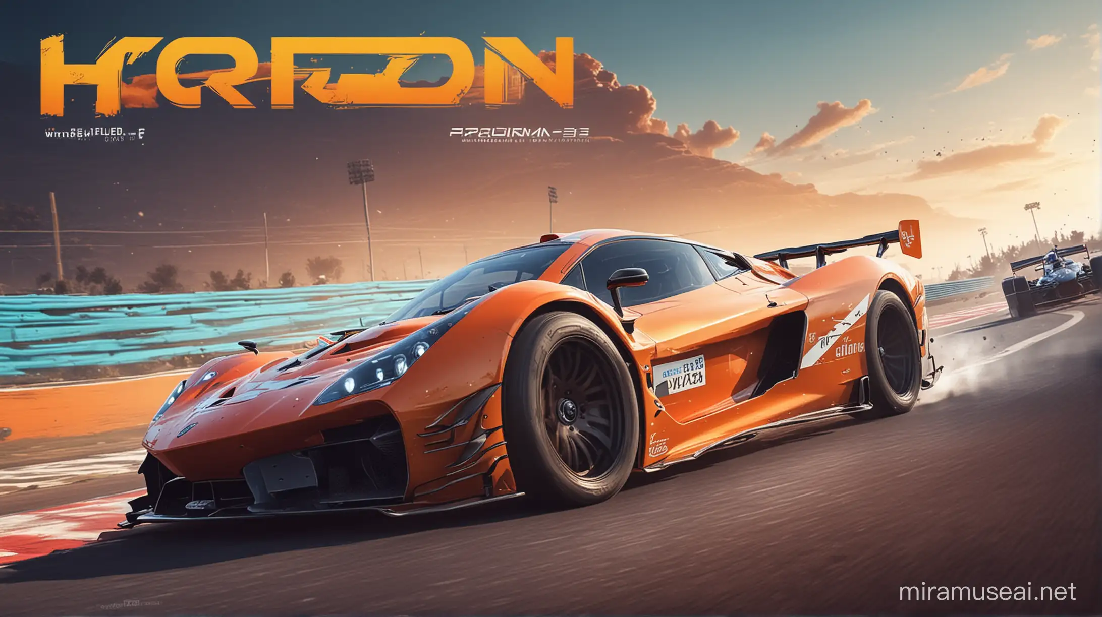 Bright Vibrant Horizon Racing Game Poster with Speeding Car