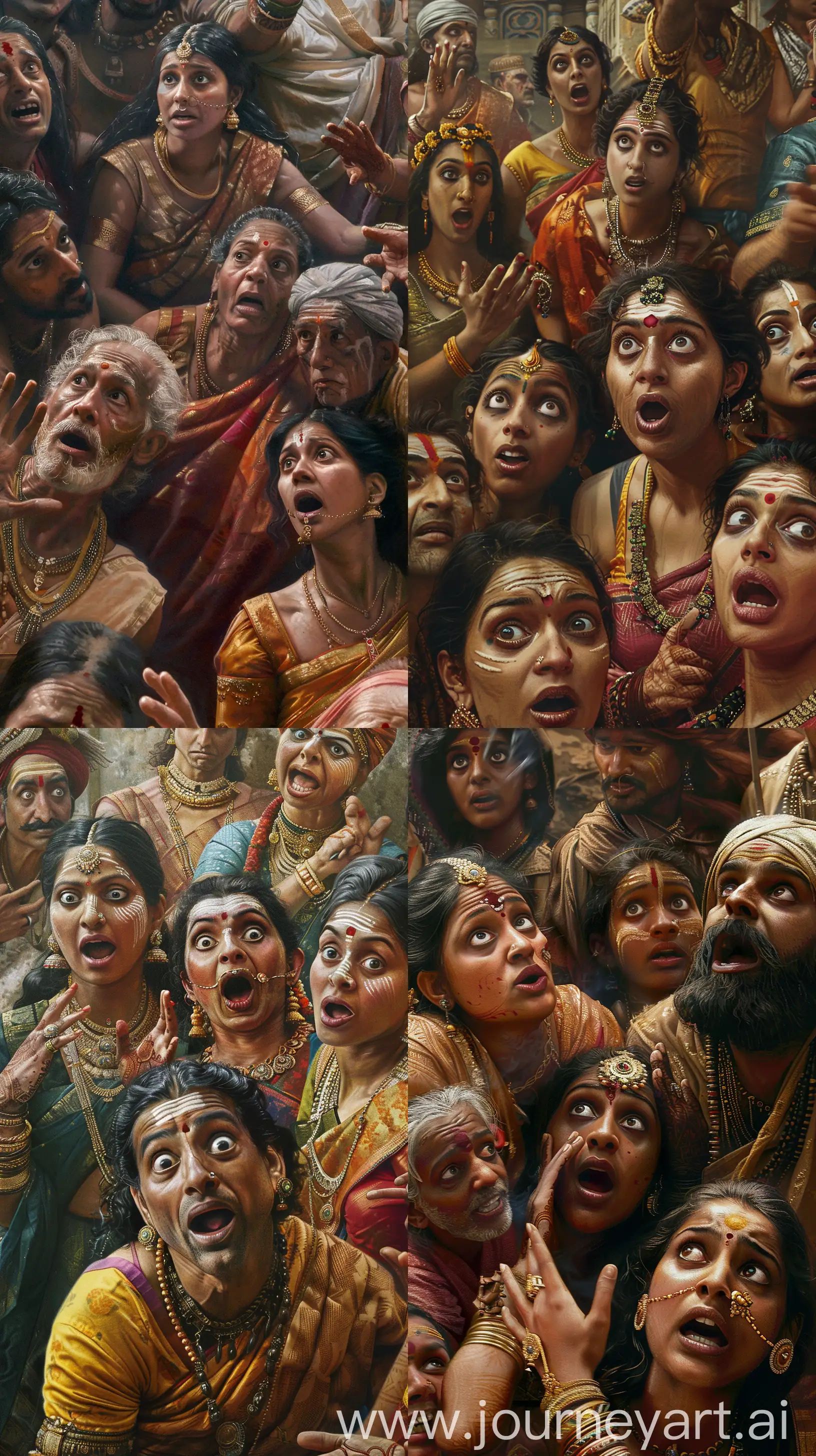Images depicting a group of Indian people from ancient times, in a gossip, amazed and curious looks on their faces, intricate details, 8k quality images --ar 9:16