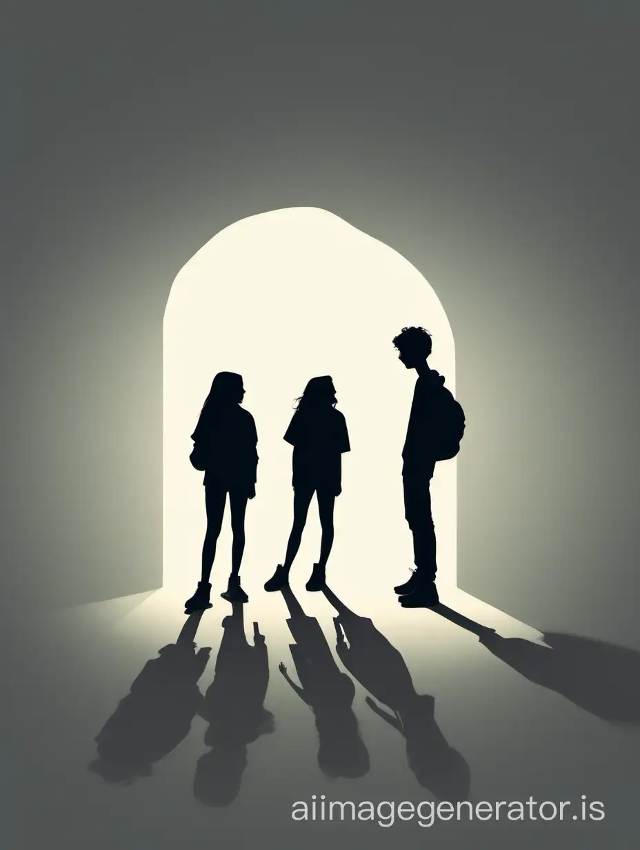 shadowy silhouettes of teenagers, whispering and smiling, Minimalism style. art, poster