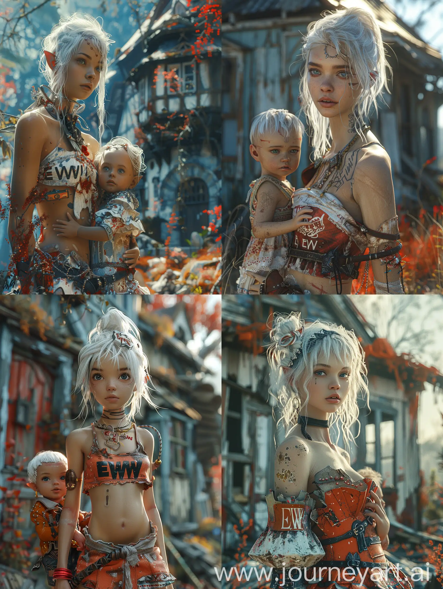 Prompt/Imagine  a 3D model, a fantasy character with white hair and with a dress with the inscription "EWW", stands in front of an old house and hold a little child in her arms,  against an ultra-realistic background with high details and surreal elements. vermillion and blue, beautiful light, --stylize 700 --style raw --v 6