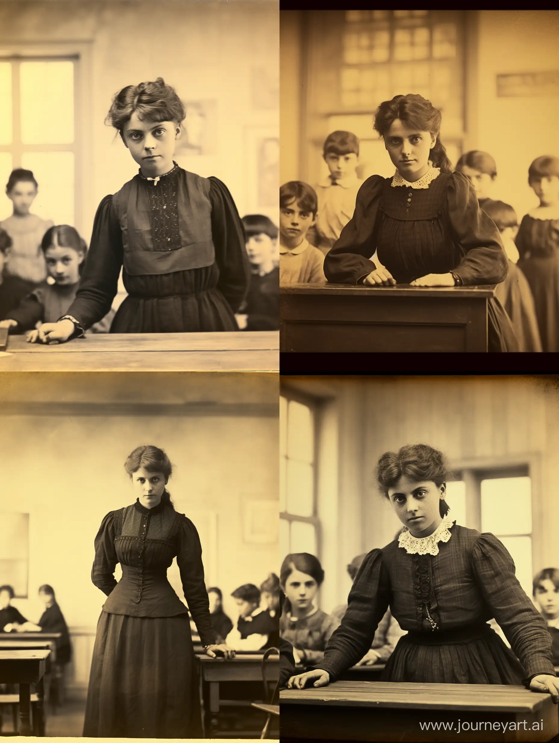 real photo of a pensive Celtic Irish woman working as a teacher in an orphanage with naturally green eyes modestly dressed 23 years from the 19th century in period costume Pride and Prejudice standing in front of the classroom and boys sitting in the desks, the full figure of the woman in the photo, an ordinary girl with a book in hand