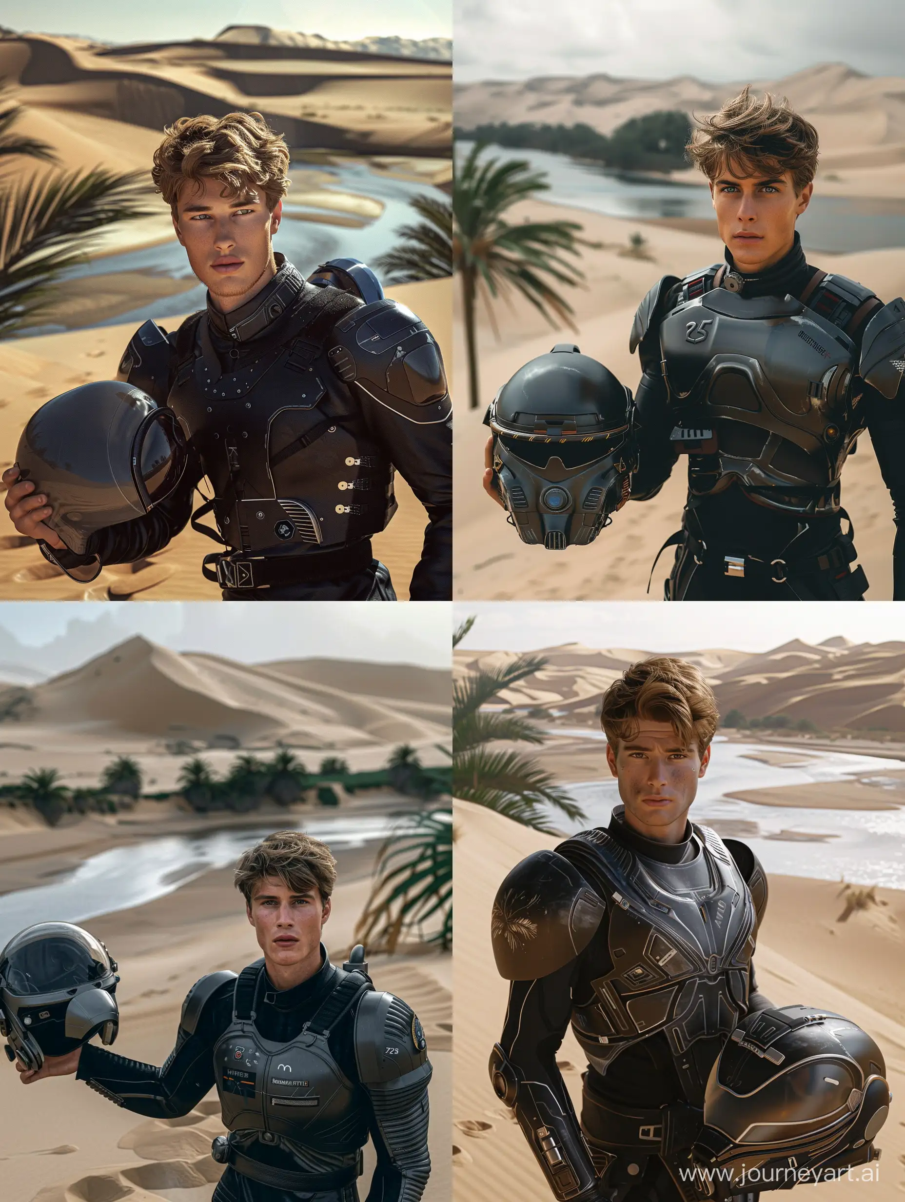 a pretty 25-old-year handsome man in lightweight space protective space armor with a light brown hair in the foreground, curious look, he holds the helmet in his hand, large dunes, sand, river and palms in background, beautiful, sharpness, romantic, footprints in the sand, fantastic, photography, close-up, hyper detailed, trending on artstation, sharp focus, studio photo, intricate details, highly detailed, in the style of black and dark silver, y2k aesthetic, soft, dream-like quality, princecore, shiny, pensive poses, precise detailing,