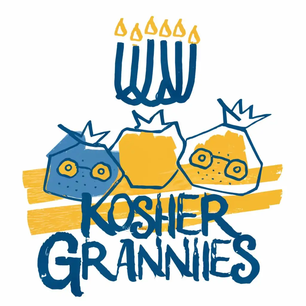 logo, Israel, yellow, blue, white, Menorah, Paul Klee, pomegranates with grannies faces, star of David, Jerusalem,on tablecloth,  with the text "Kosher Grannies", typography, be used in the automotive industry