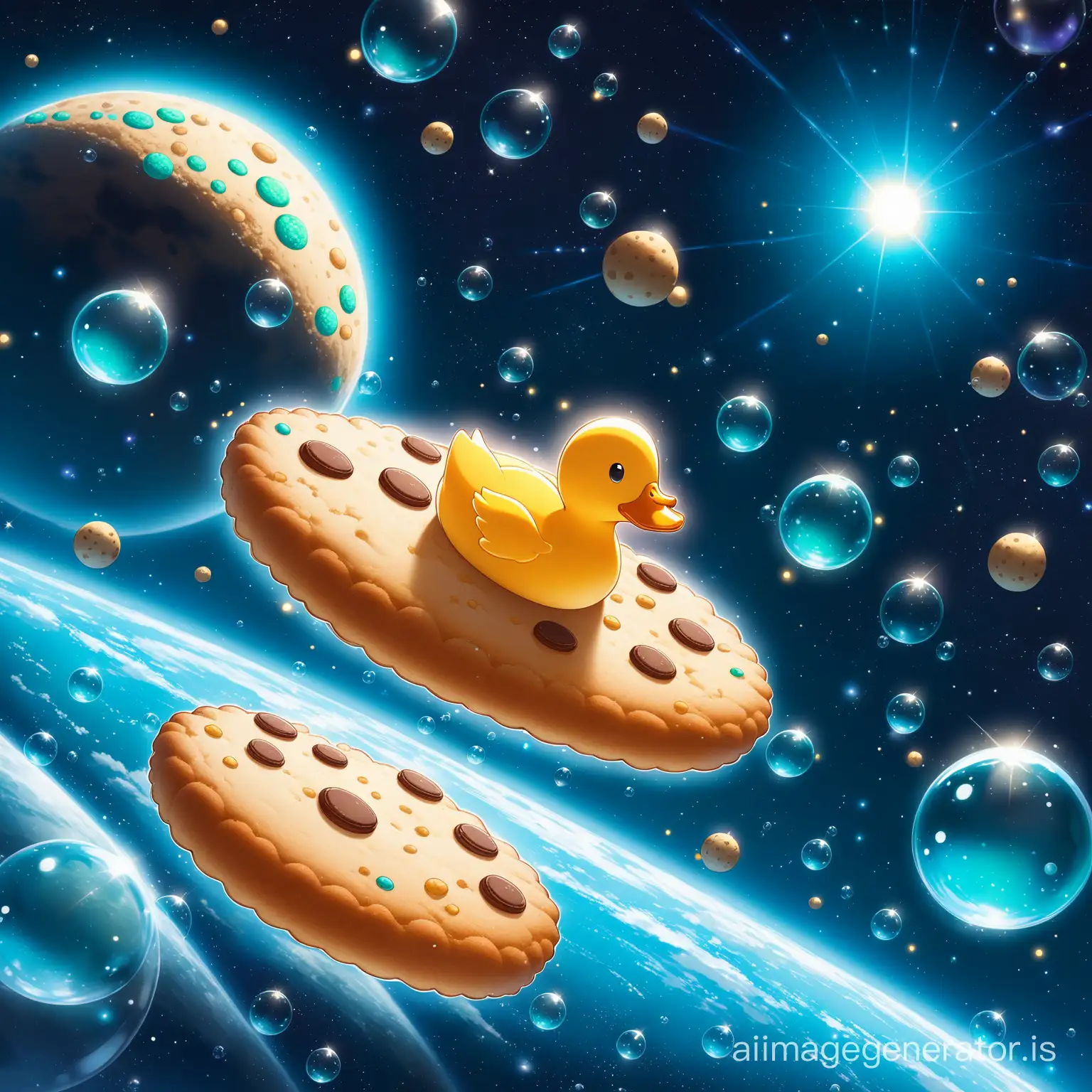 Adorable-Duck-Flying-Among-Green-Rockets-in-Space-with-Floating-Bubbles-and-Cookies